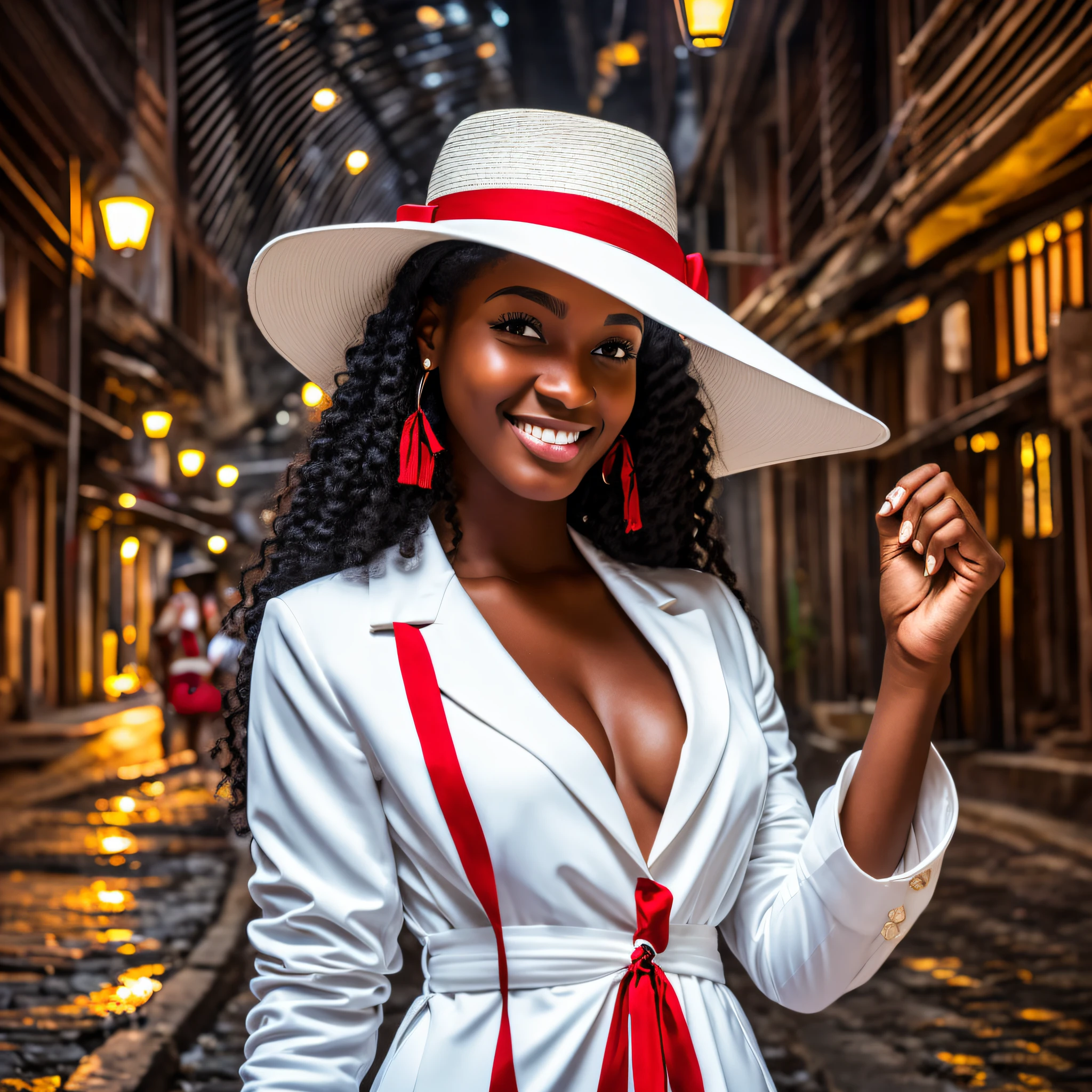 (super realistic style) A detailed portrait of a black woman, 25, with a white Panama hat with red ribbon on her head, long, straight, black hair, white suit, cleavage, holding a dagger in her hand, smiling face, under a bridge in the street, night, lights. The expression lines on his face can be seen clearly. The texture of the Panama hat and clothes is exceptionally well detailed.