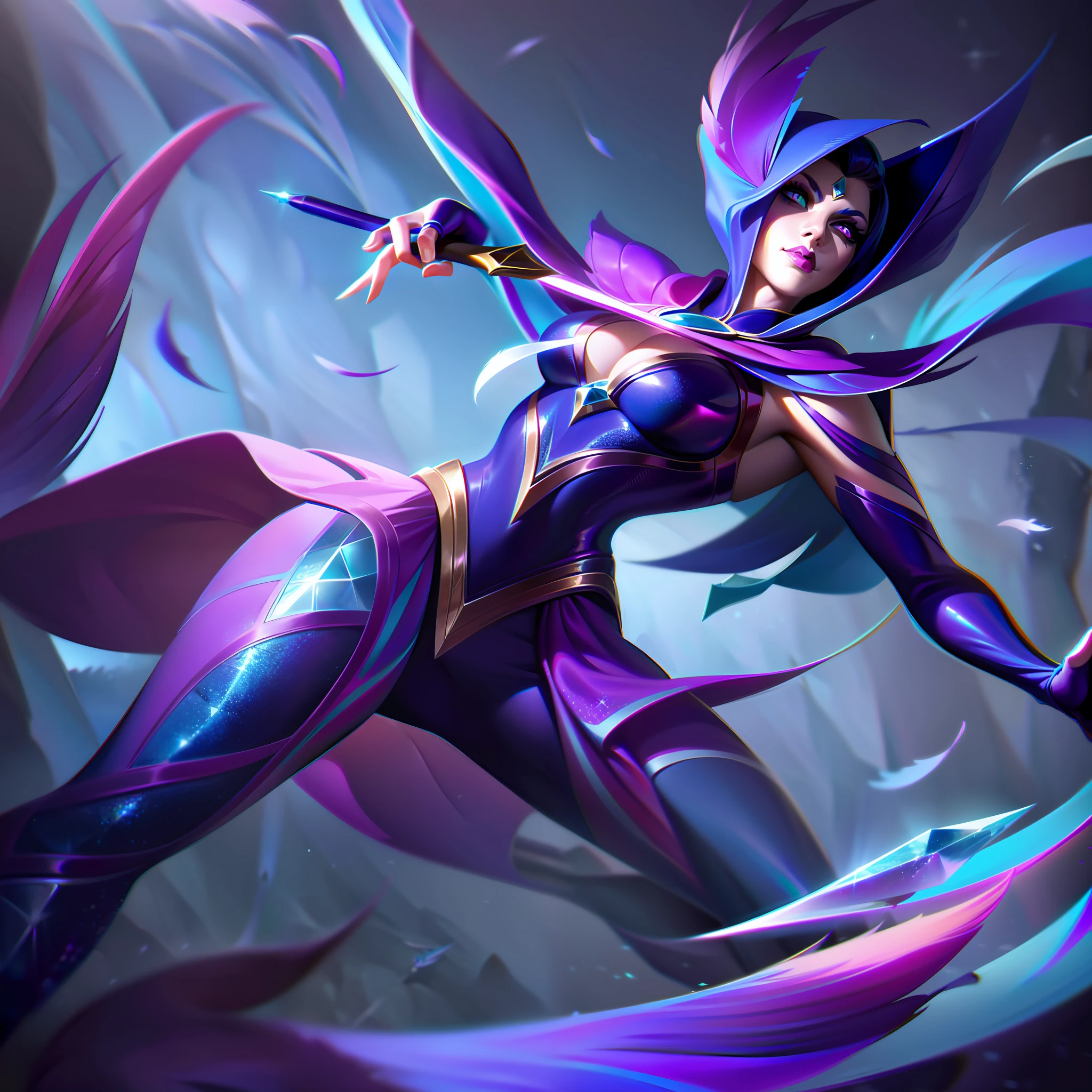 Xayah from League of Legends, but with short hair with alternate cut and straight pearly purple blue holding a dagger made of blue candied feathers with purple glitter and pearly in a crouched pose with ninja with a confident feature and badass with a crystalline background full of smoke and glitter in the air and floating feathers, the background is a precipice, her outfit is a cape made of luxurious blue and pearlescent feathers with a robe behind with a skirt and a purple hood with details in bright black, splashart, body lines, vibrant colors, exquisite details, cinematic, artstation, detailed face, by rossdraws, by Kienan Lafferty