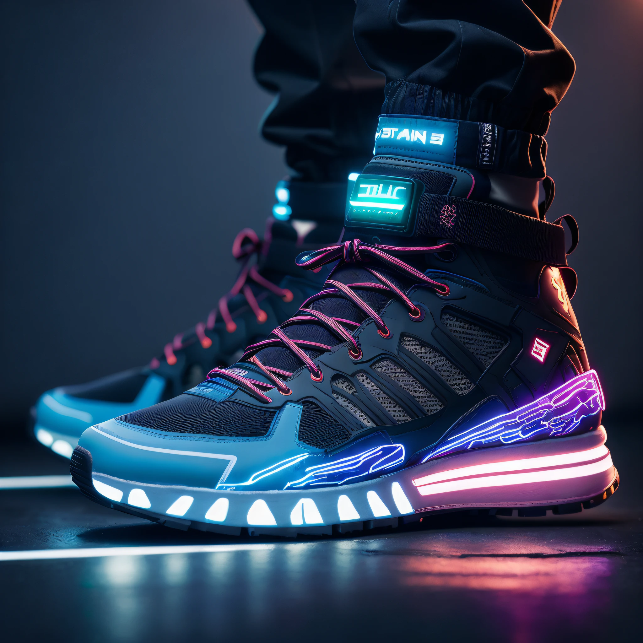 Product Photography of Cyberpunk Sneakers, Epic Rendering, Octane, Atmosphere, Particles, Soft Volumetric Light, (Backlight: 1.3), (Film: 1.3), Intricate Details, (ArtStation: 1.3)