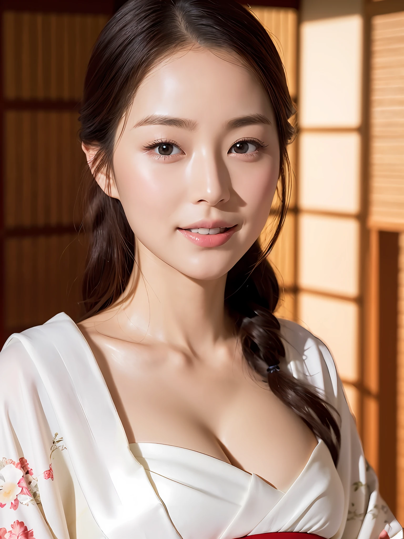 white skin, big, gentle, kimono, obi, (photo real: 1.4), (hyperrealistic: 1.4), (real: 1.3), happy,