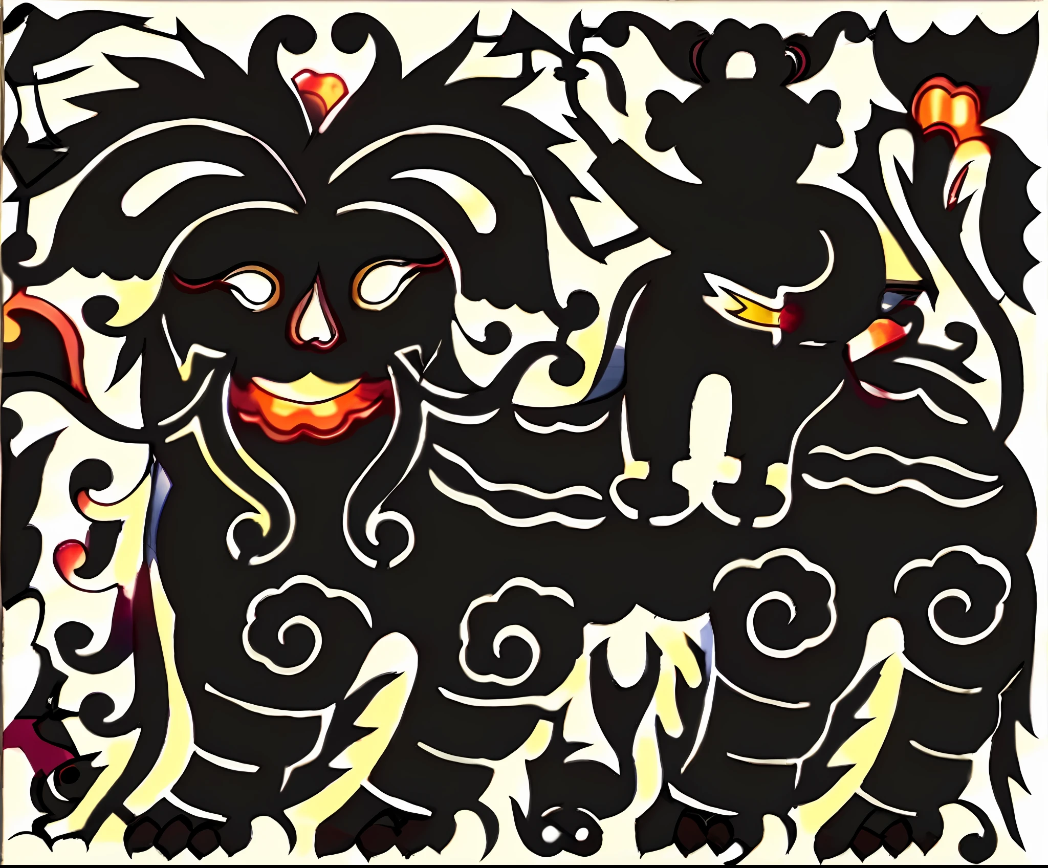 there is a black and white drawing of a man and a woman, haida, by Kanō Tan'yū, inspired by Tawaraya Sōtatsu, inspired by Masamitsu Ōta, large motifs, deco, folk art, inspired by Katsushika Ōi, traditional folk art style