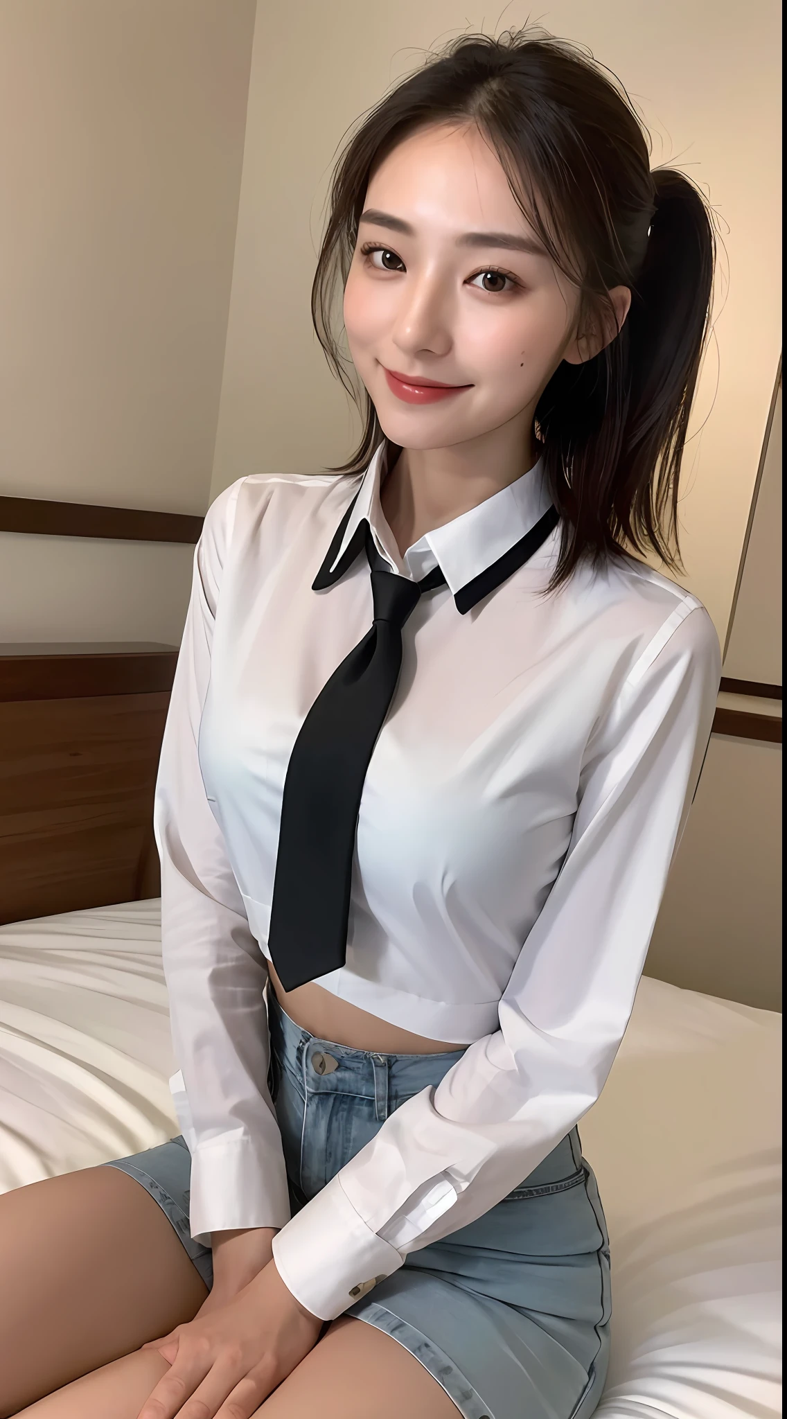 ((Best Quality, 8K, Masterpiece:1.3)), 1girl, Slim Abs Beauty:1.3, (Hairstyle Casual), C-cup, black tie, white standing translucent collar shirt, ultra-fine face, delicate eyes, double eyelids, smile, home, sitting on the edge of the bed,