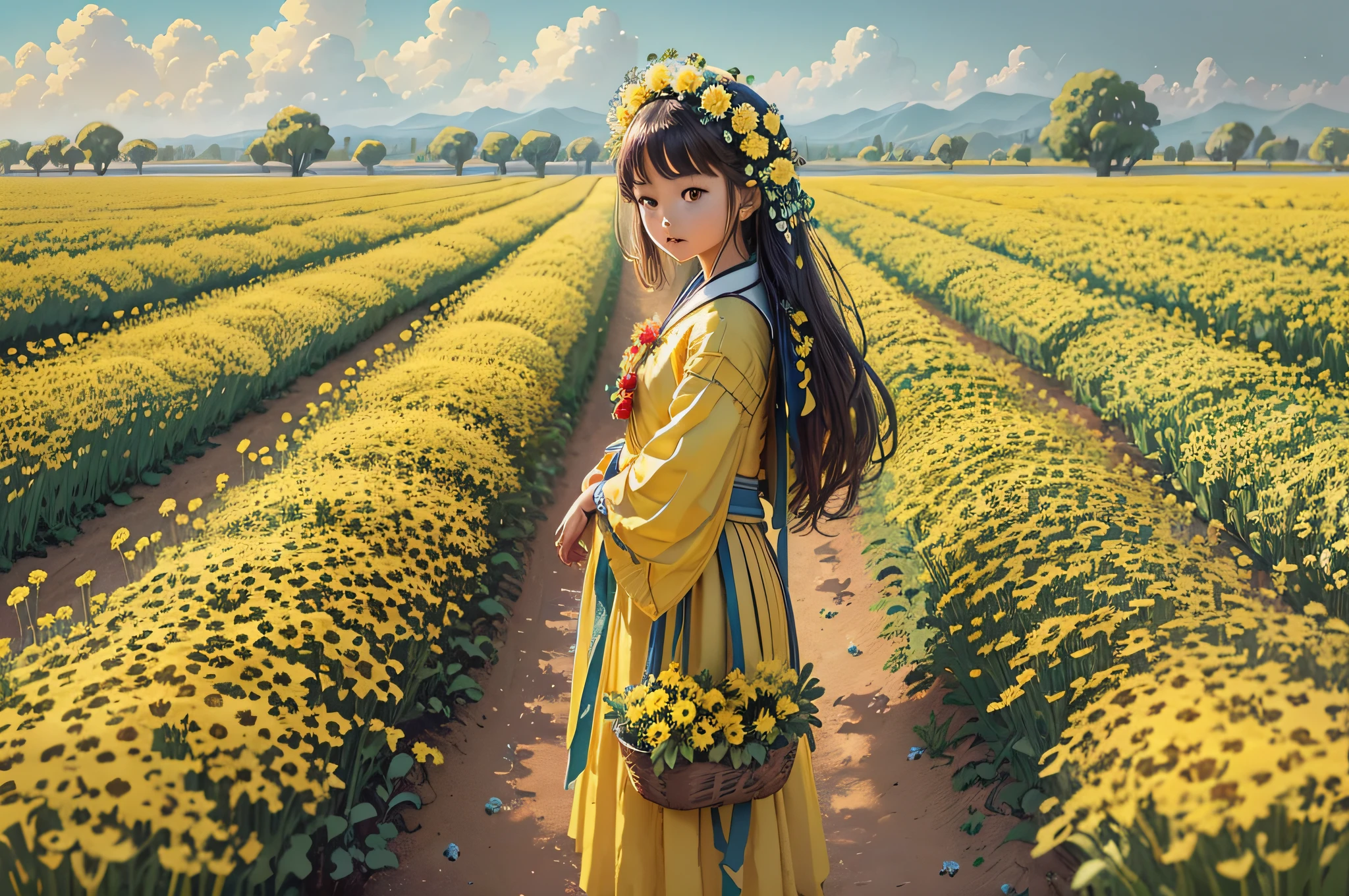 there is a woman standing in a field of yellow flowers, palace ， a girl in hanfu, standing in flower field, wearing wheat yellow gauze, girl frontal in a flower field, girl in a flower field, girl standing in a flower field, girl standing in flower field, taken with canon eos 5 d, woman standing in flower field, in a field with flowers --auto --s2