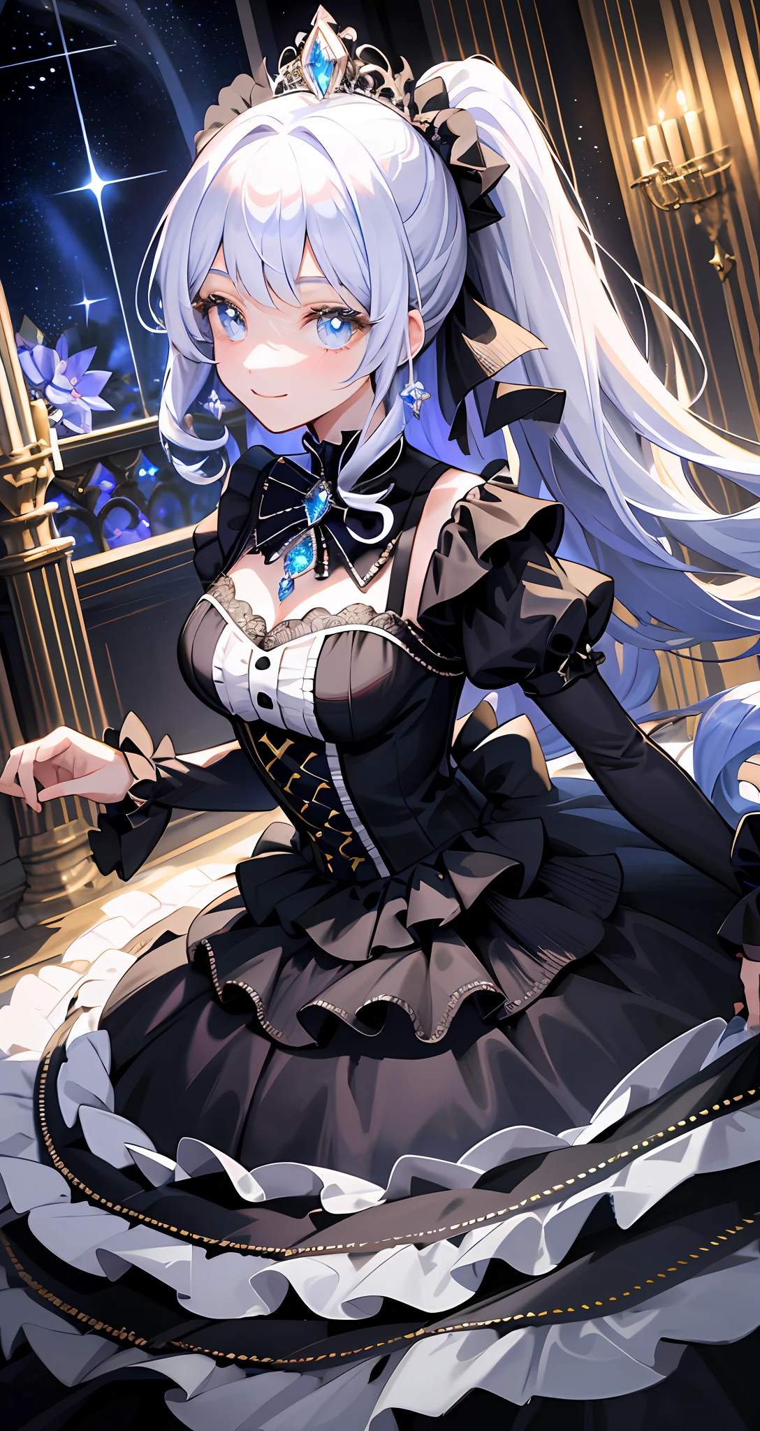 Dramatic composition, court-style dresses, royal, gorgeous, cascading frills, ruffles, bows, crystal chandeliers, Roman curly hairstyles, ponet, double ponytails like drills, look at the camera, bangs, maximalism, palatial background, delicate portrayal of hair and eyes, princess dresses, gorgeous skirts, flowers in hand, smiles, starry eyes, cinematic light, extreme detail, high definition, happy girl, very long hair, diamonds, broken diamonds, crystal fragments, light particles