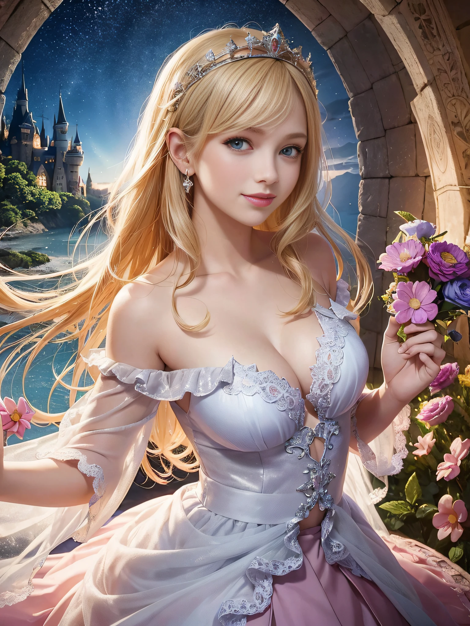 1girl, fairy tale world, beautiful princess, wearing beautiful dress, beautiful face, Beautiful smile, blond hair, (smile, teeth), impressed by the wonderful scenery, never seen scenery, giant castle, jungle, cave, night world, beautiful aurora spreads across the night sky, shining scenery, spectacular scenery, surprise, details of the fairy tale world, smile, dazzling light, unrealistic, fairy tale, fantasy, Mysterious world, dream world, masterpiece, ultra high definition, (High Resolution: 1.4), Raw Photography, Very Delicate And Beautiful, Very Detail, 8K Resolution, (Realistic, Photorealistic: 1.37), High Pixel Density,