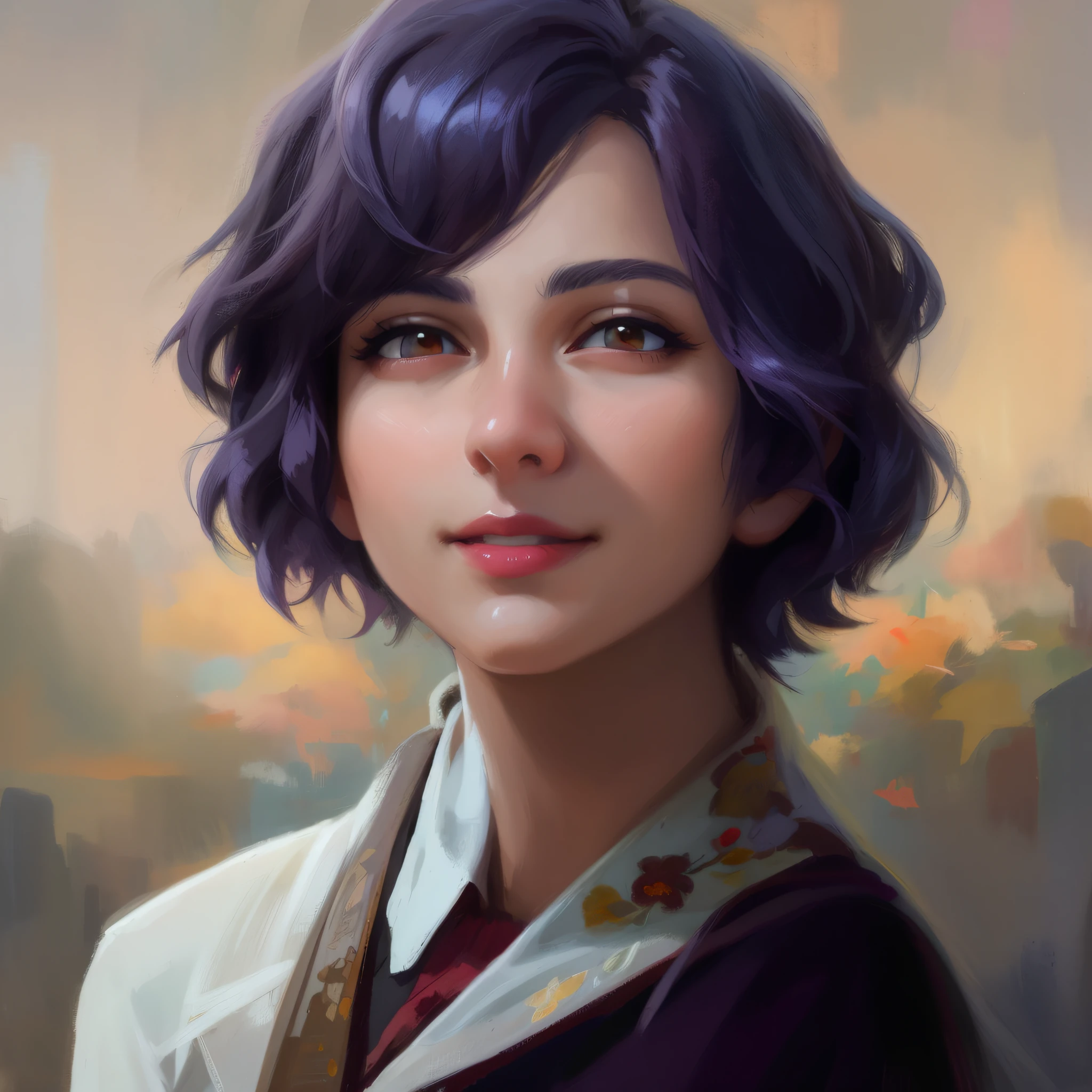 Painting of women with short hair and scarves, beautiful character drawings, realistic cute girl drawings, beautiful portraits, very beautiful portraits, beautiful portraits oil paintings, gorgeous face portraits, detailed beautiful portraits, beautiful fantasy portraits, beautiful portraits, digital art oil paintings, beautiful fantasy art portraits, luxury digital paintings, oil painting styles, fantasy portraits, Beautiful digital painting, smiling facing the front