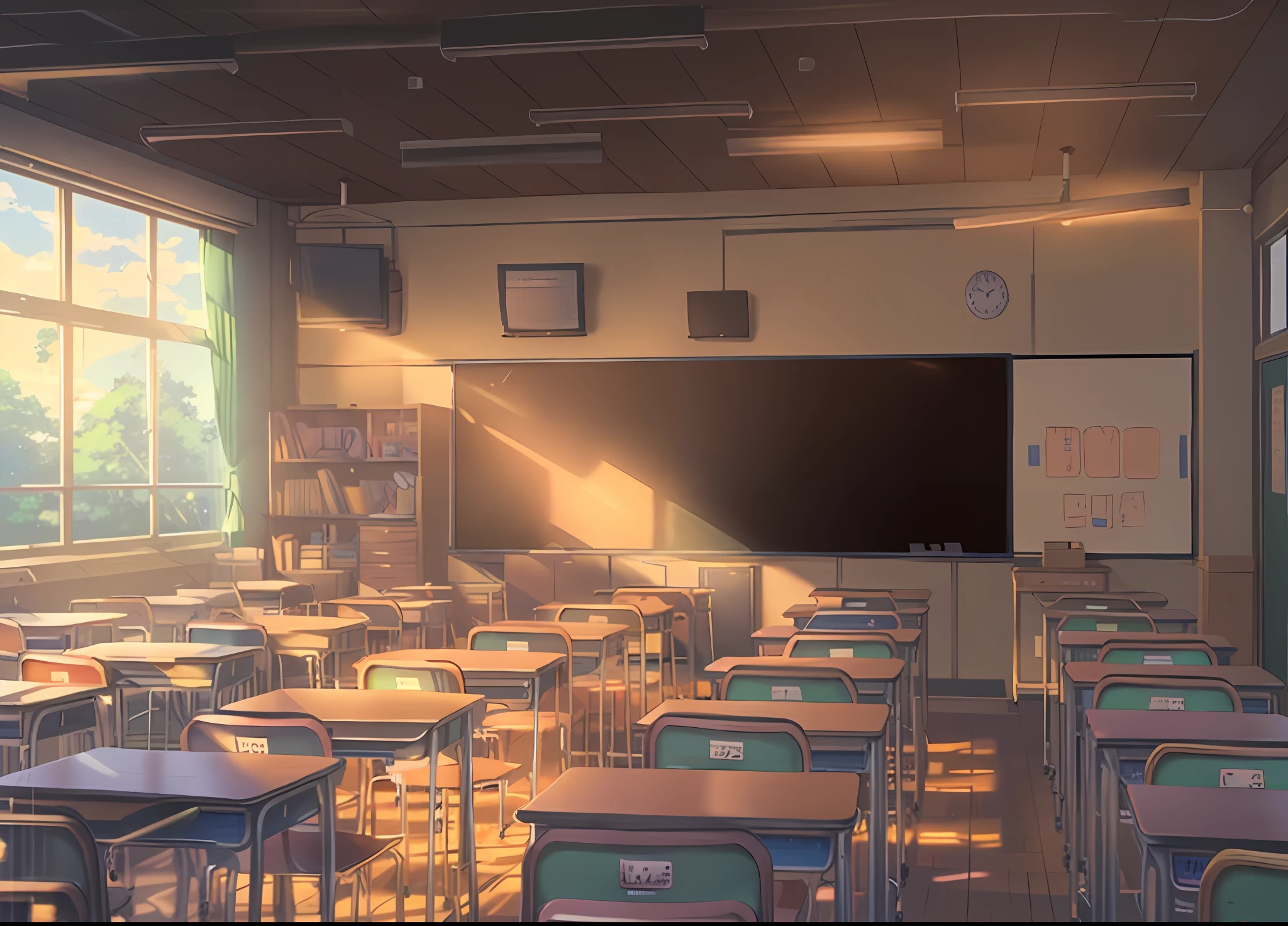 there is a classroom with a chalkboard and many desks, typical anime classroom, classroom background, anime background art, highschool background, school classroom, anime background, classroom, anime scenery concept art, colorful anime movie background, studio glibly makoto shinkai, anime. soft lighting, in a classroom, anime movie background, style of makoto shinkai