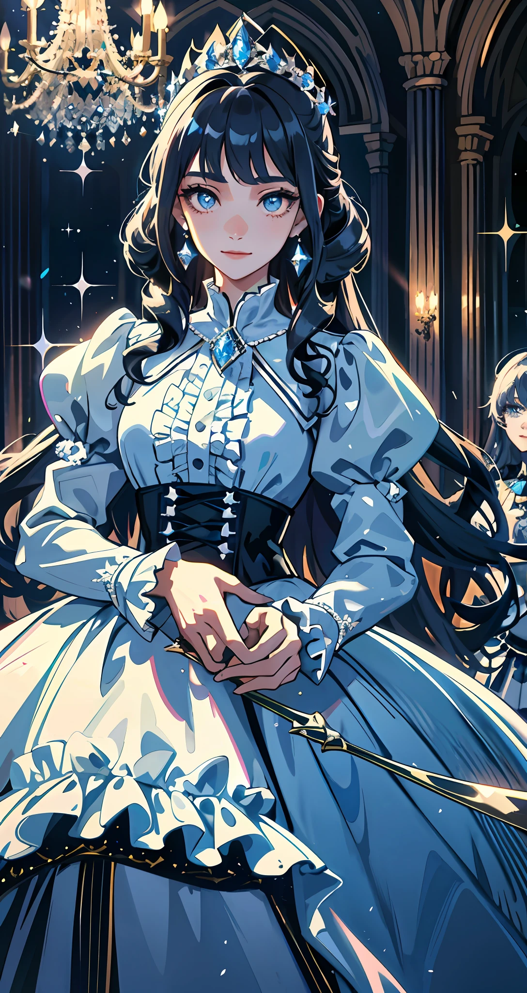 Dramatic composition, court-style dresses, royal, gorgeous, cascading frills, ruffles, bows, crystal chandeliers, Roman curly hairstyles, ponet, double ponytails like drills, look at the camera, bangs, maximalism, palatial background, delicate portrayal of hair and eyes, princess dresses, gorgeous skirts, flowers in hand, smiles, starry eyes, cinematic light, extreme detail, high definition, happy girl, very long hair, diamonds, broken diamonds, crystal fragments, light particles