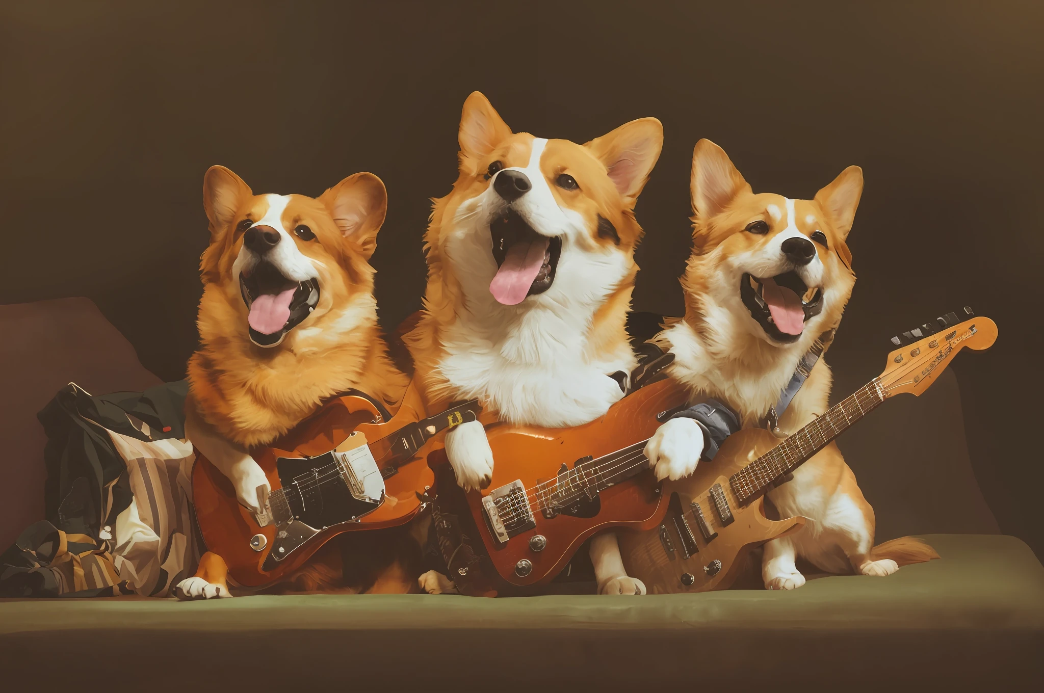 2 dogs are sitting on a couch with guitars and a fire, rocking out, playing guitars, corgi cosmonaut, jamming to music, doge, corgi, he is a rockstar, depicting a corgi made of fire, cute corgi, rock music, doge meme, dogs, rock band, high quality wallpaper, guitars, rock n roll, corgis in no man's sky, background in space