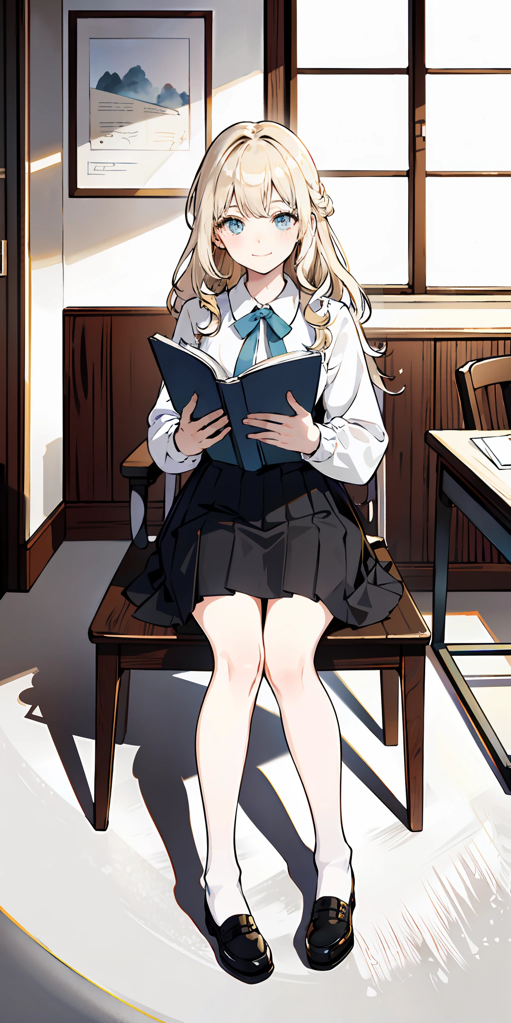 Color, (Masterpiece: 1.4), (Best Image Quality: 1.4), 8K, HD, Ultra HD, 1 Girl, (Small: 1.4), Long Blonde Hair, White Clothes, Black Short Skirt, White Socks, Desk, Reading, Pen, Curly Hair, Blushing, (Smile of Joy), (Hands Cover Face, Eyes Covered)), Classroom, Blackboard, ((Sitting at Desk)), (((Reading))