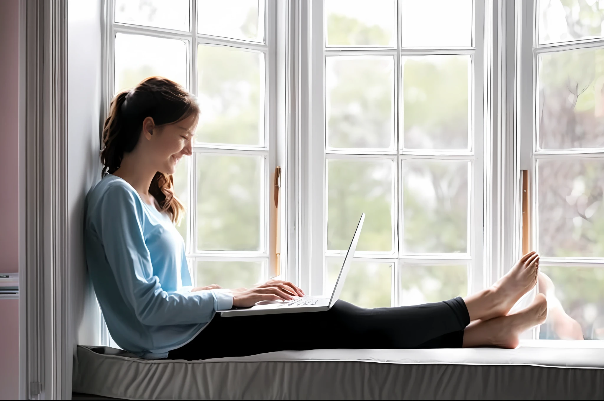 arafed woman sitting on a window sill using a laptop, sitting on a window sill, sitting in front of computer, sitting at a computer, sitting in bedroom, studying in a brightly lit room, natural light outside, woman is sitting, the girl on a windowsill, sitting relax and happy, natural lighting, relaxed posture, beautiful surroundings