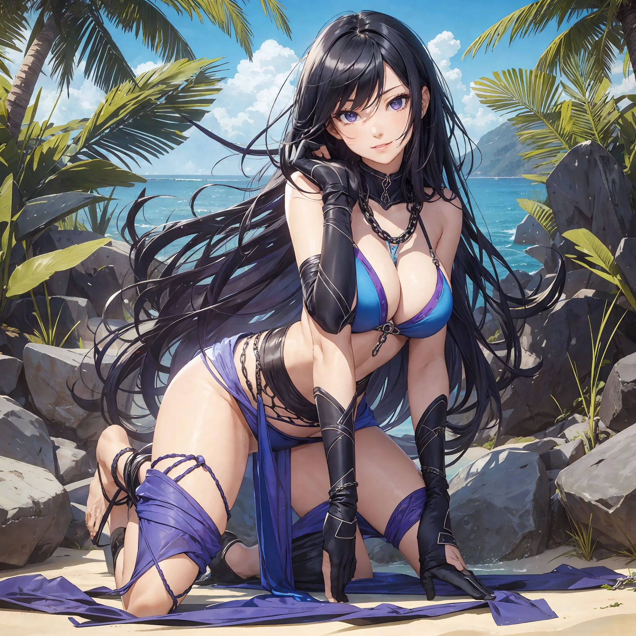 female, solo,, blue bikini, beach, smile, shut up, big breasts, black silk, black hair, long hair, pull-back, lip flap, purple eyes, long face, 1 female, manga style, beautiful long legs, beautiful body, beautiful nose, beautiful character design, perfect eyes, perfect face, look at the audience, sarong, chains, gloves, arm up, kneeling, torn legwear, shocker (gesture) --auto --s2