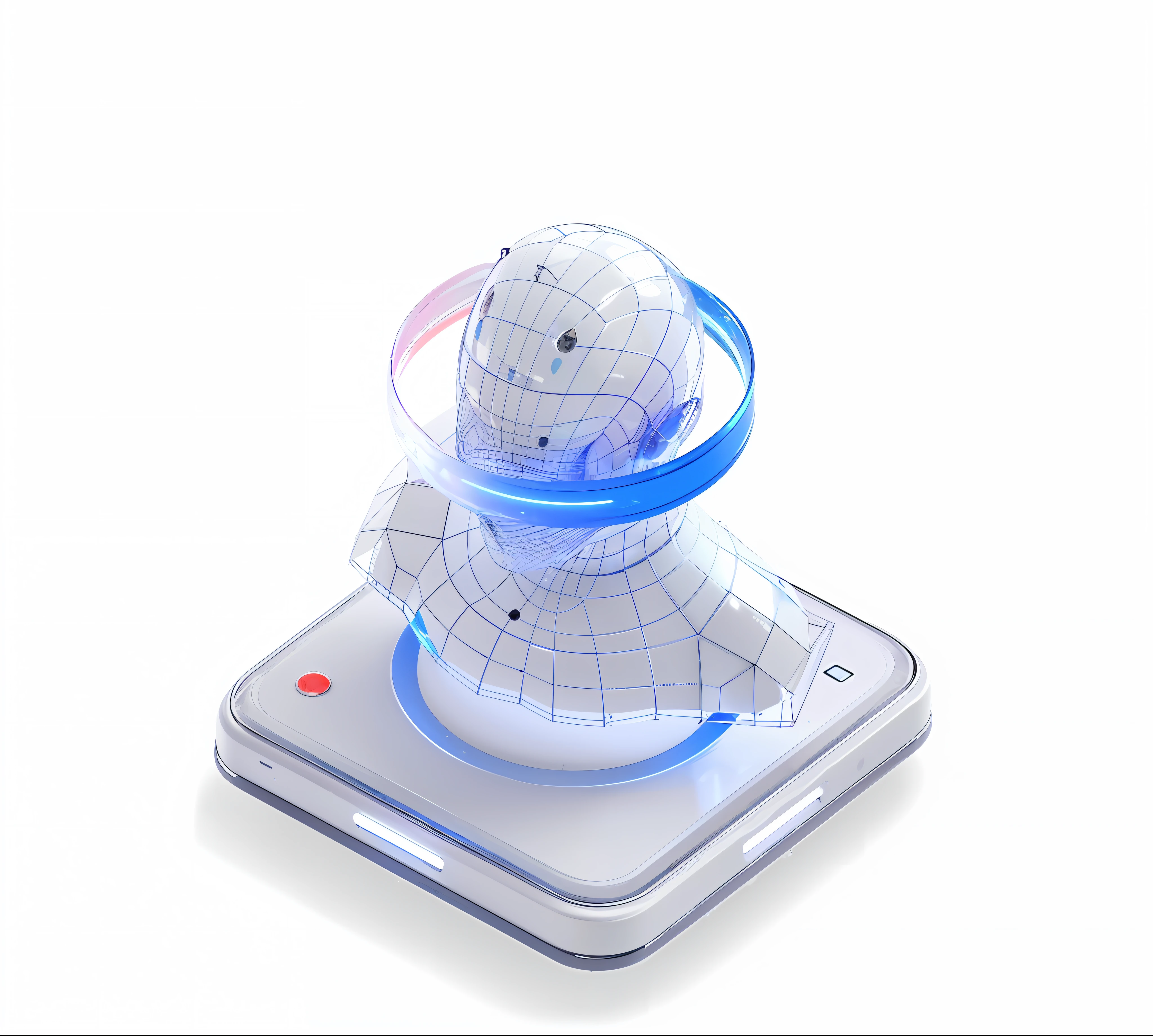 there is a small robot that is sitting on a small device, quality astral projection render, 3 d icon for mobile game, depicted as a 3 d render, holographic interface, twinmotion render, ethereal hologram center, 3d wireframe, hologram hovering around her, gyroscope, in game capture 3d render, 3d illustration, 3 d illustration