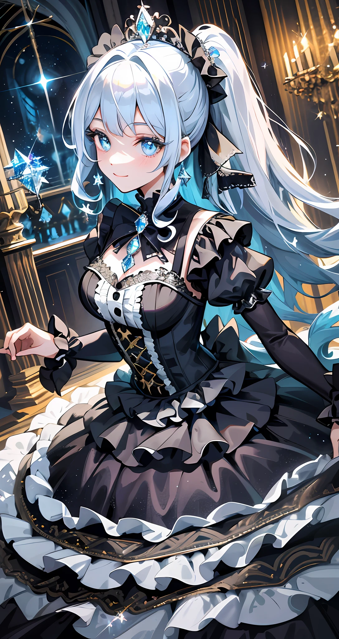 Dramatic composition, court-style dresses, royal, gorgeous, cascading frills, ruffles, bows, crystal chandeliers, Roman curly hairstyles, ponet, double ponytails like drills, look at the camera, bangs, maximalism, palatial background, delicate portrayal of hair and eyes, princess dresses, gorgeous skirts, flowers in hand, smiles, starry eyes, cinematic light, extreme detail, high definition, happy girl, very long hair, diamonds, broken diamonds, crystal fragments, light particles