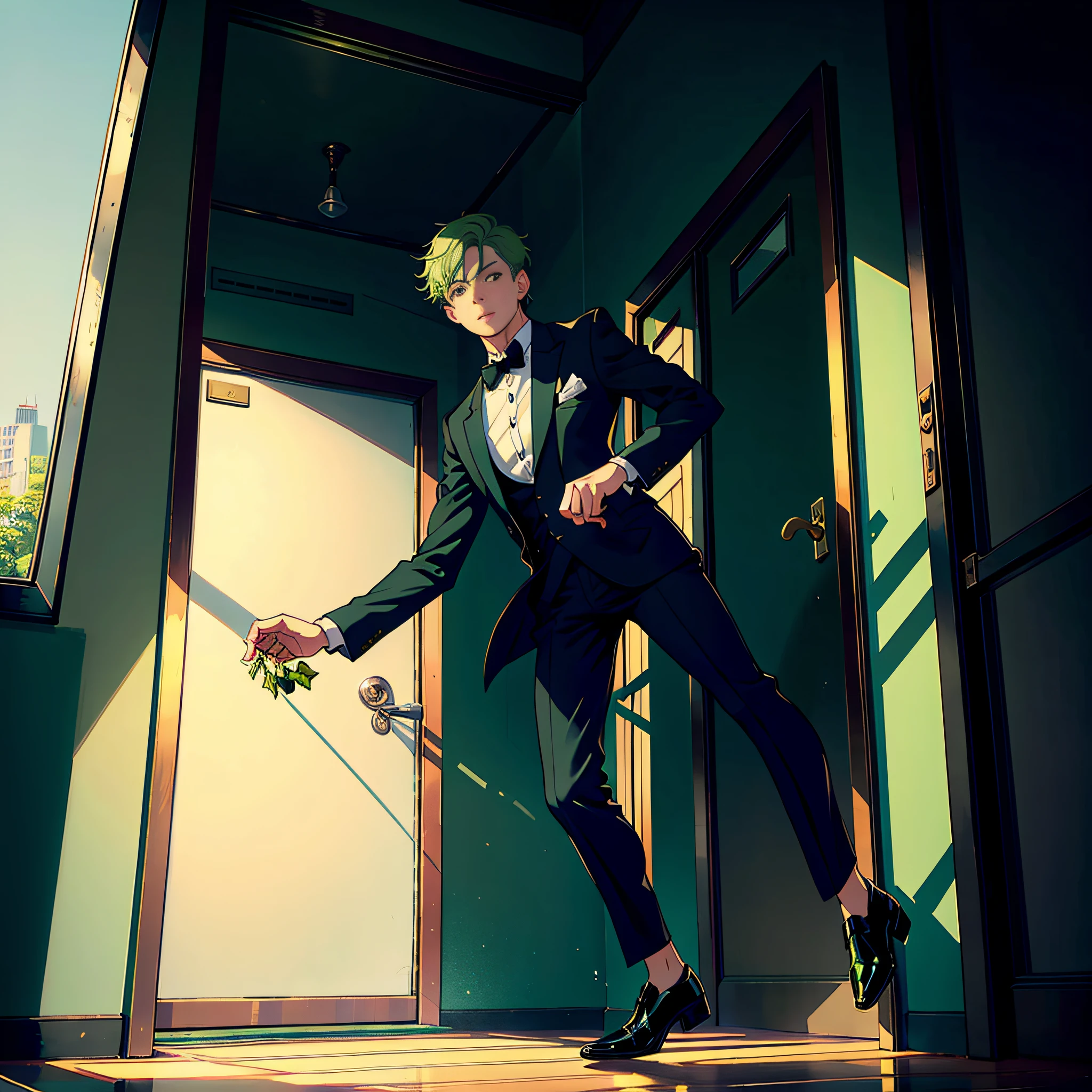 Best picture quality, the most delicate picture, 1 man, short green hair, black eyes, handsome, delicate face, black suit, tiptoeing open door, weak expression