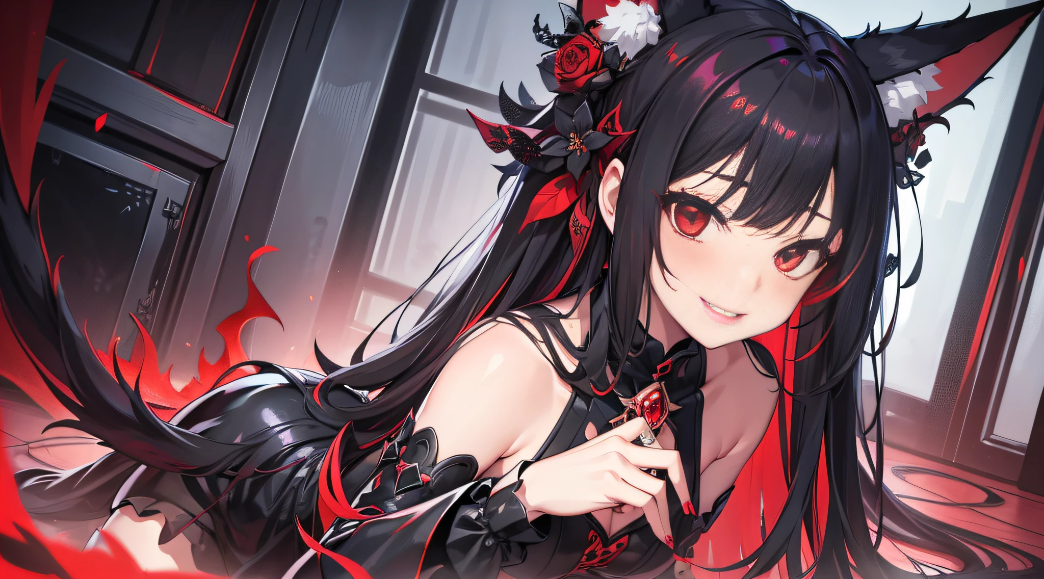 (((masterpiece))), best quality, extremely detailed, ultra-detailed CG wallpaper,an exquisitely crafted and alluringly devilish two-dimensional character,with a mischievous smile and playful eyes,(1girl),red eyes,black hair with red highlights,fluffy devil horns and fox ears,dimly lit,devilish tail,subtle blush,darkness,red and black color scheme,vivid and dynamic pose.