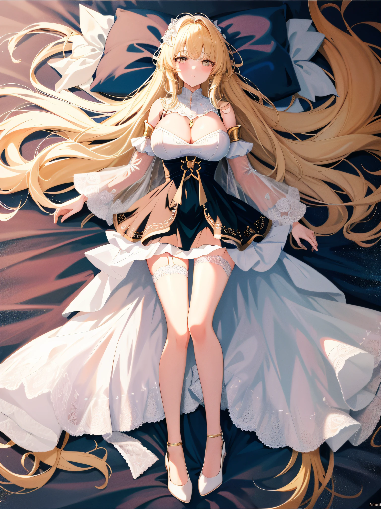 A beautiful girl, sweet, full body photo, white lace, long blonde hair, closed moon flower, incomparably beautiful, black stockings, golden eyes, full body portrait, close-up, transparent crystal high heels, full body portrait, lying on the bed, white above and below black transparent gauze skirt, delicate facial features, perfect figure, messy long hair, moaning, charming, bare shoulders, big breasts