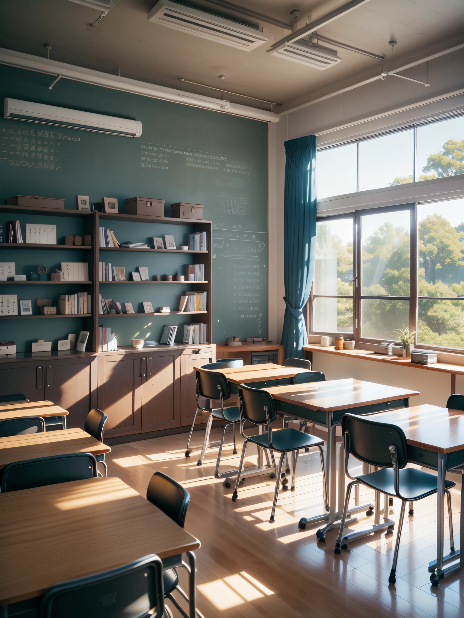 A study room, a classroom with large windows, tables, chairs and a blackboard for learning, bookshelves, a stack of notebooks on the teacher's desk, falling light in the morning, in the order of a Japanese school, books and notebooks, background
