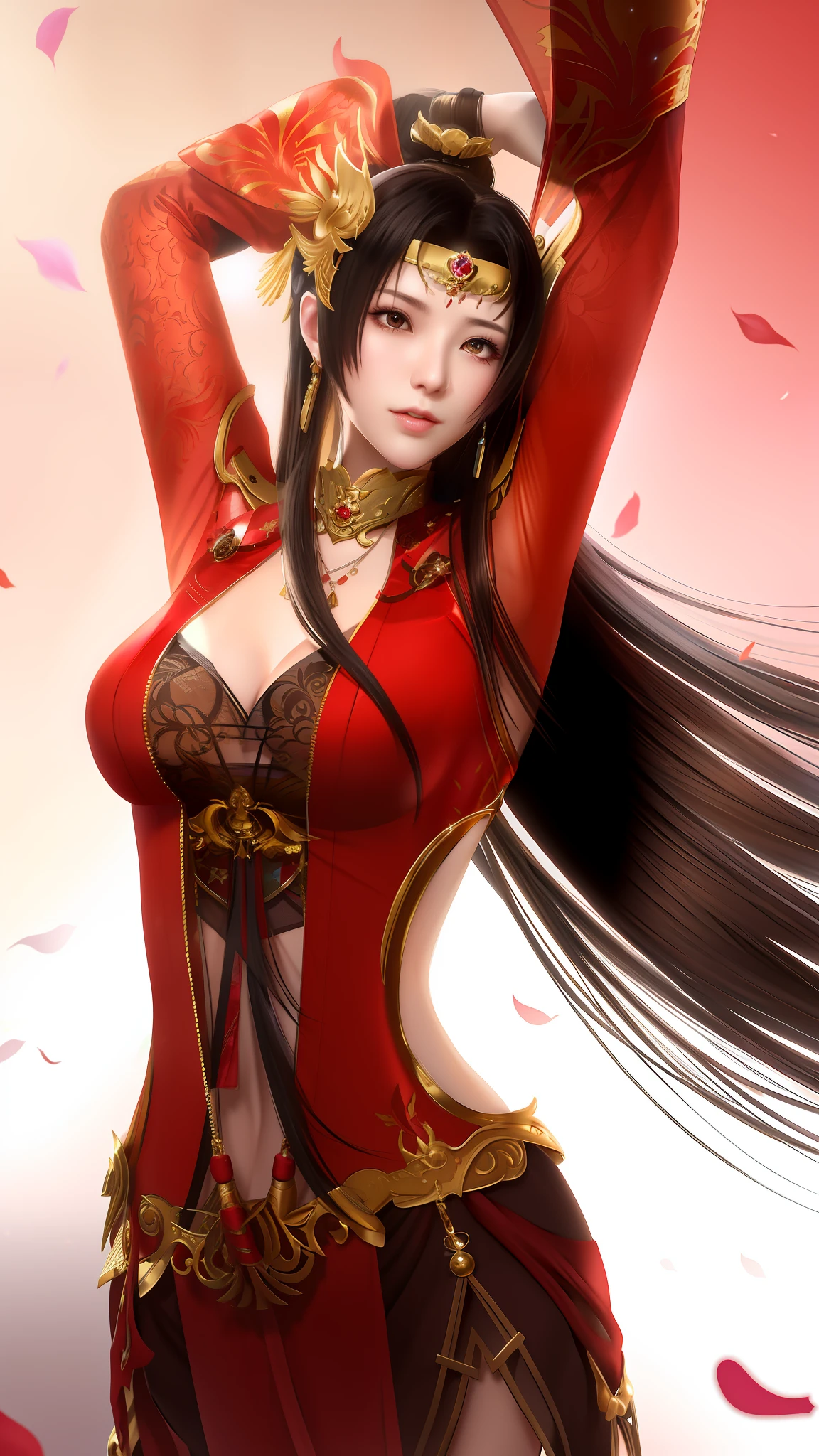 a close up of a woman in a red dress with long hair, beautiful alluring anime woman, a beautiful fantasy empress, inspired by Du Qiong, seductive tifa lockhart portrait, ((a beautiful fantasy empress)), seductive anime girl, beautiful 动漫女郎, 迷人的tifa lockheart, 美丽的头像图片, mai shiranui, lady in red armor, tifa, (lingerie:1.2), photo realistic, upon_body, tyndall effect, photorealistic, dark studio, rim lighting, two tone lighting, (high detailed skin: 1.2), 8k uhd, dslr, 柔光, 高质量, 体积光, 偷拍, 照片, 高分辨率, 4k, 8k, 背景虚化,升职器官上面一个痣。