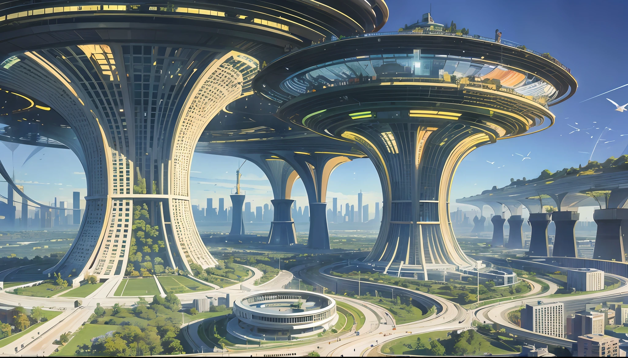 future city, sunrise, a lot trees, birds, futuristic buildings , future metro, future drone, realistic image, ultra realistic, hyper realistic, 16k