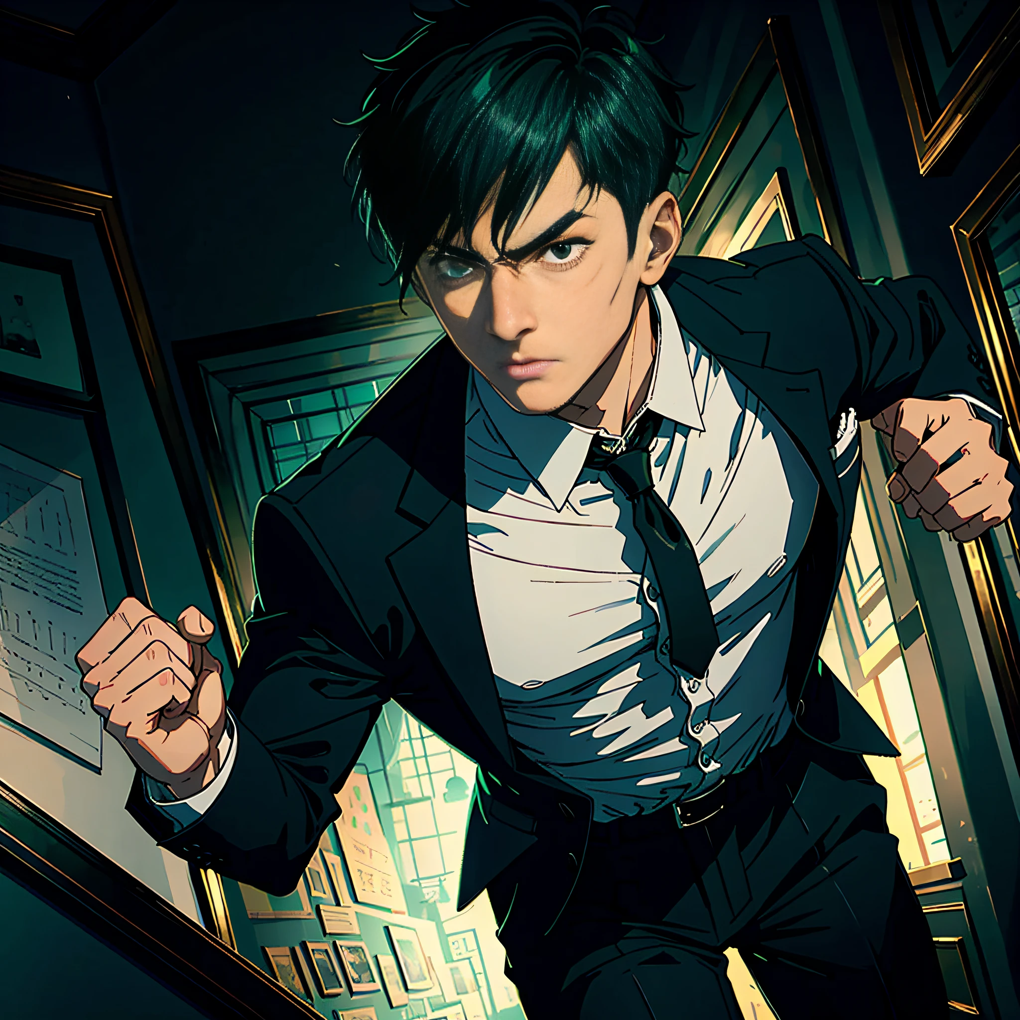 Best quality, finest drawing, 1 man, short green hair, black eyes, handsome, delicate face, black suit, clenched fists, anger, bedroom in the background