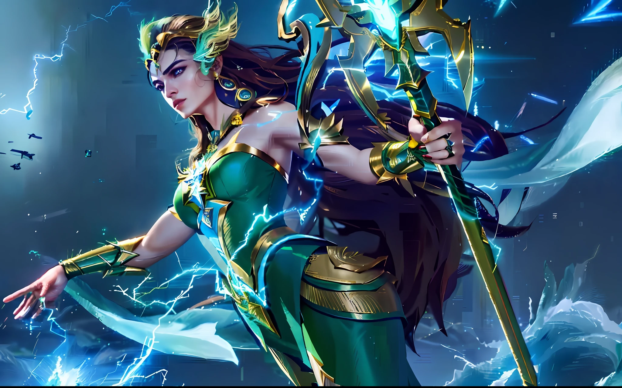 a woman in a green and gold outfit holding a spear, goddess of lightning, mystical atlantean valkyrie, portrait of modern darna, astri lohne, maya ali as a lightning mage, queen of the sea mu yanling, artgerm lau, trending artgerm, qiyana, hera, freya, the godess hera looking angry