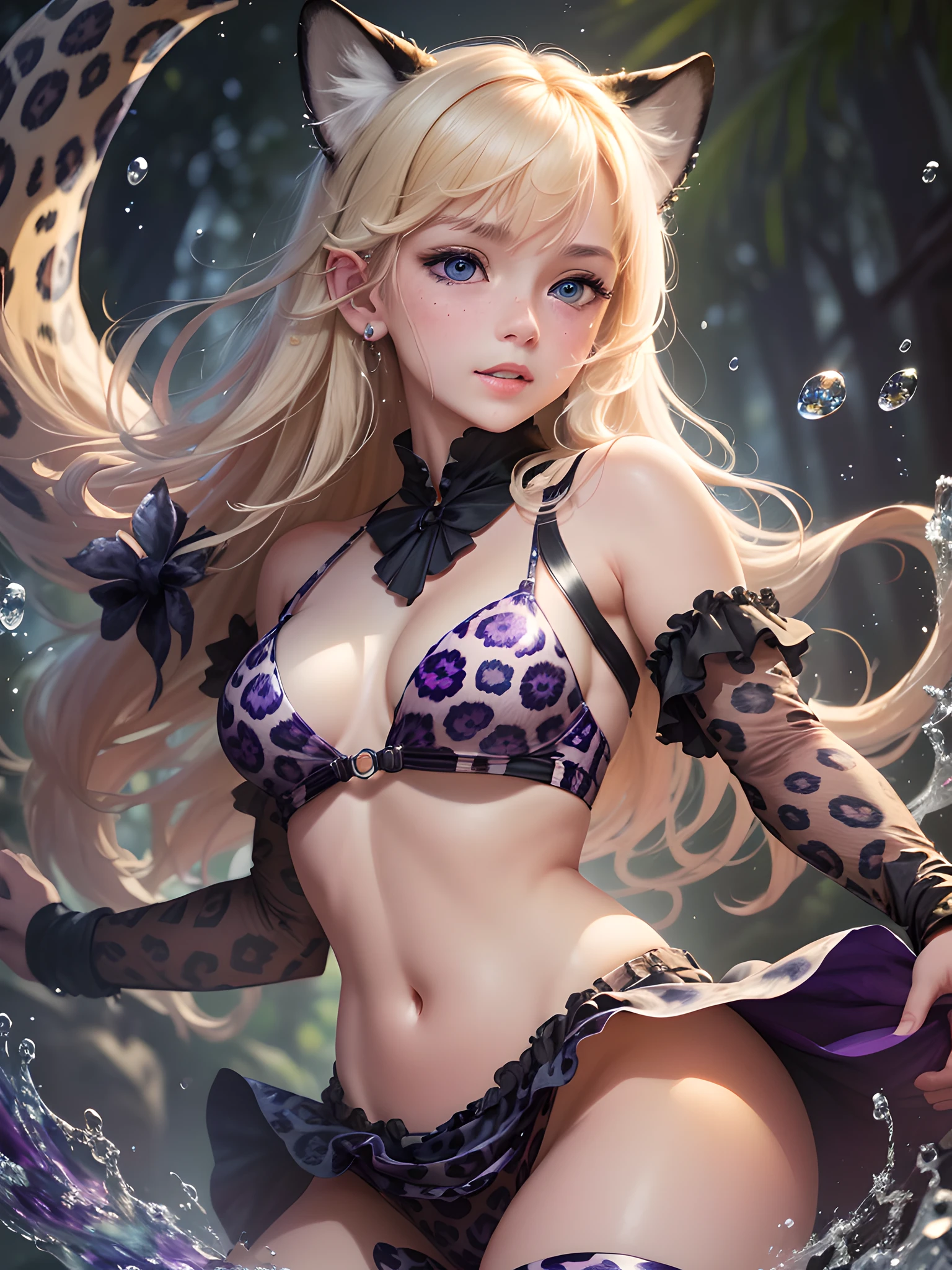 PURPLE, (masterpiece:1.2, best quality), (finely detailed beautiful eyes: 1.2),(solo, 1girl, blonde hair with black spots like a jaguar, ((jaguar print clothes)), ((jaguar ears and jaguar tail,)) fangs, (detailed jungle background), (beautiful kawaii face), high contrast, (an extremely delicate and beautiful), ((soft light)), beautiful lighting, , detailed background, flying particles, dynamic, water drops, , wallpaper. (colorful), good anatomy,dim light, realistic, oil painting