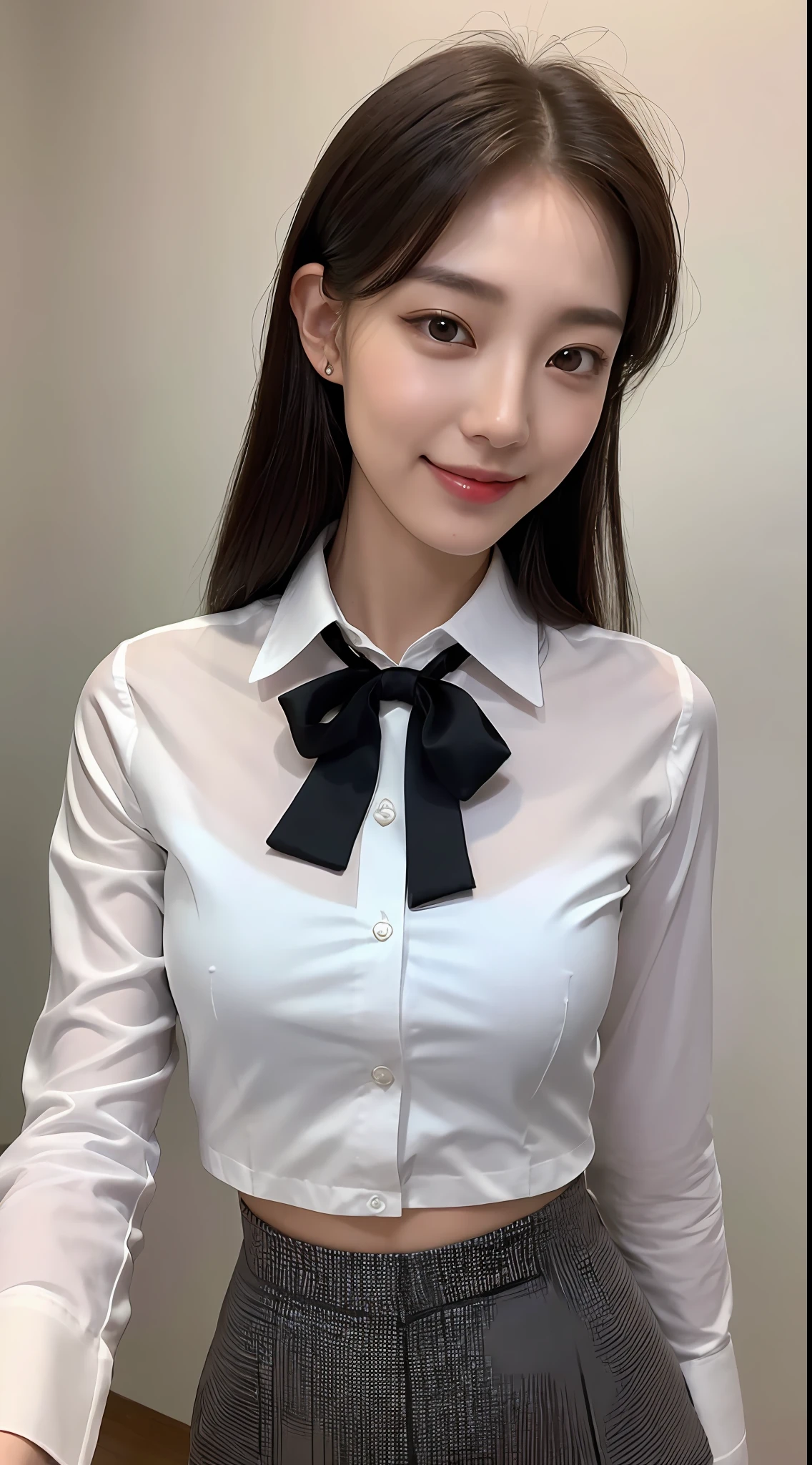 ((Best Quality, 8K, Masterpiece: 1.3)), 1girl, Slim Abs Beauty: 1.3, (Hairstyle Casual), C cup, black tie, white standing translucent collar shirt, super fine face, delicate eyes, double eyelids, smile, motorcycle