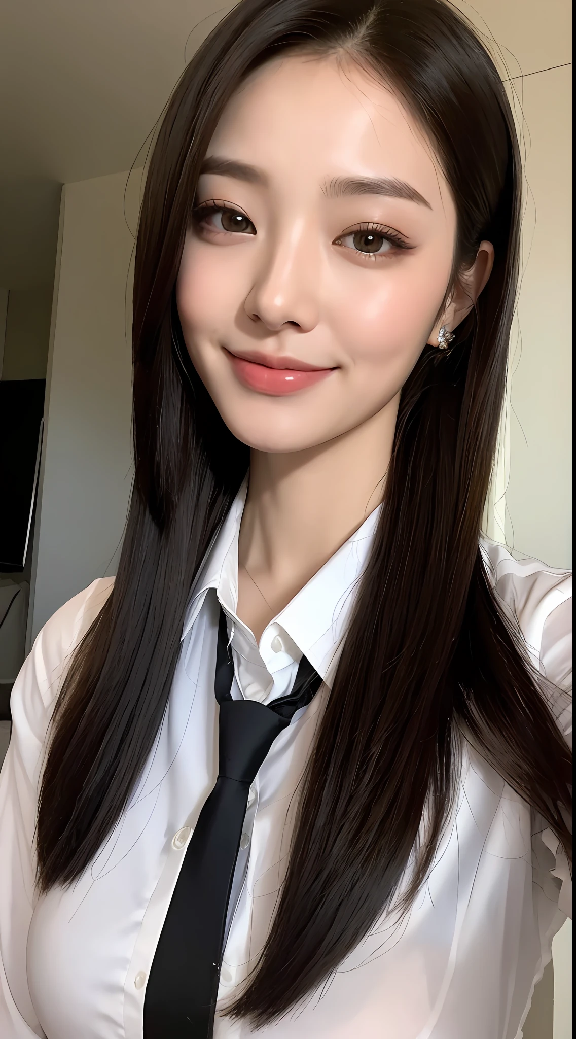 ((Best Quality, 8K, Masterpiece: 1.3)), 1girl, Slim Abs Beauty: 1.3, (Hairstyle Casual), C cup, black tie, white standing translucent collar shirt, super fine face, delicate eyes, double eyelids, smile, motorcycle