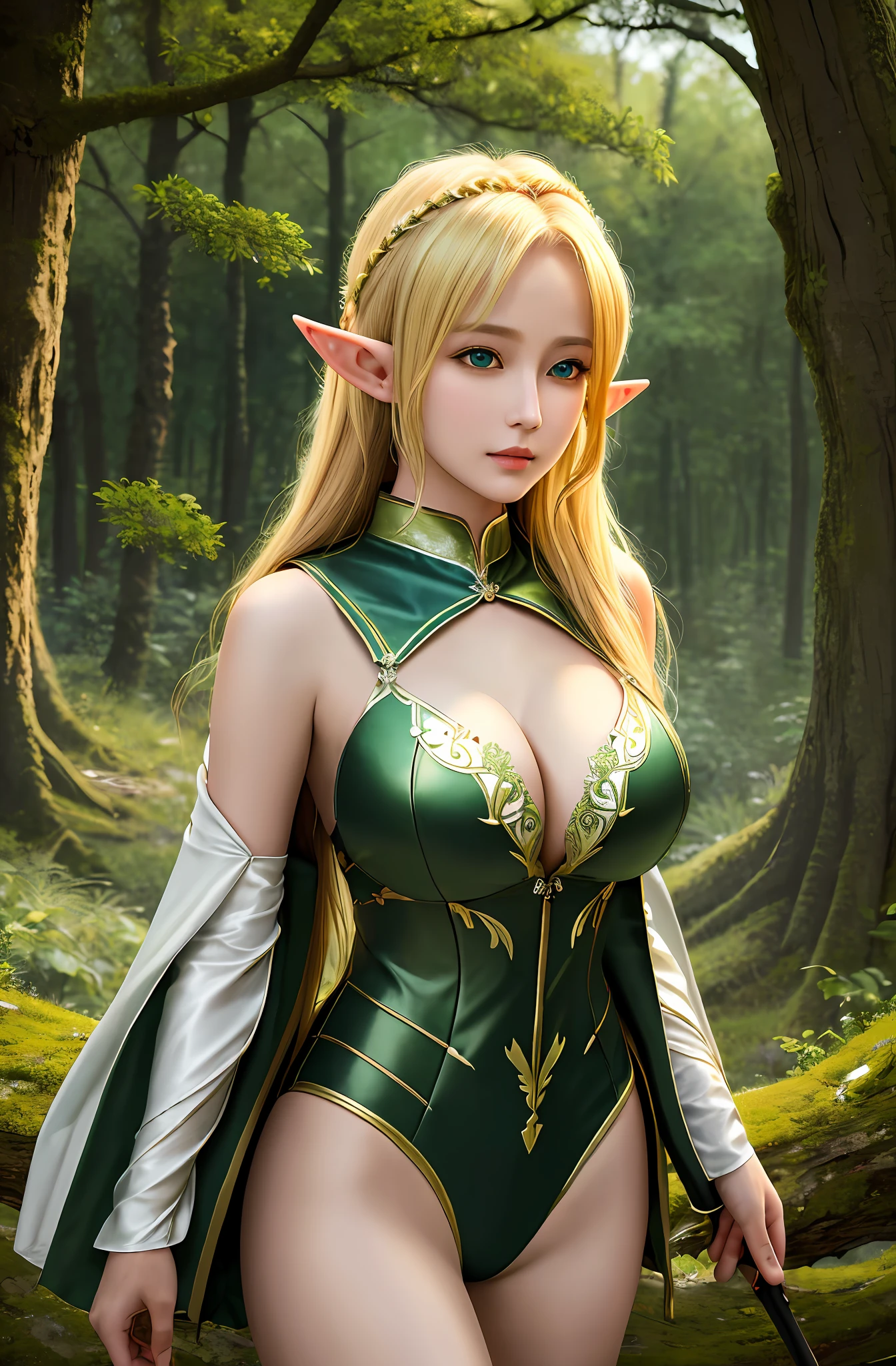 (16k, masterpiece, best quality), ultra-detailed, detailed beautiful round eyes, beautifully detailed face, high quality, high resolution, blonde elf archer, wearing sexy archer suit, forest background, massive breast, nature, summer, nighttime, calm, looking into the distance