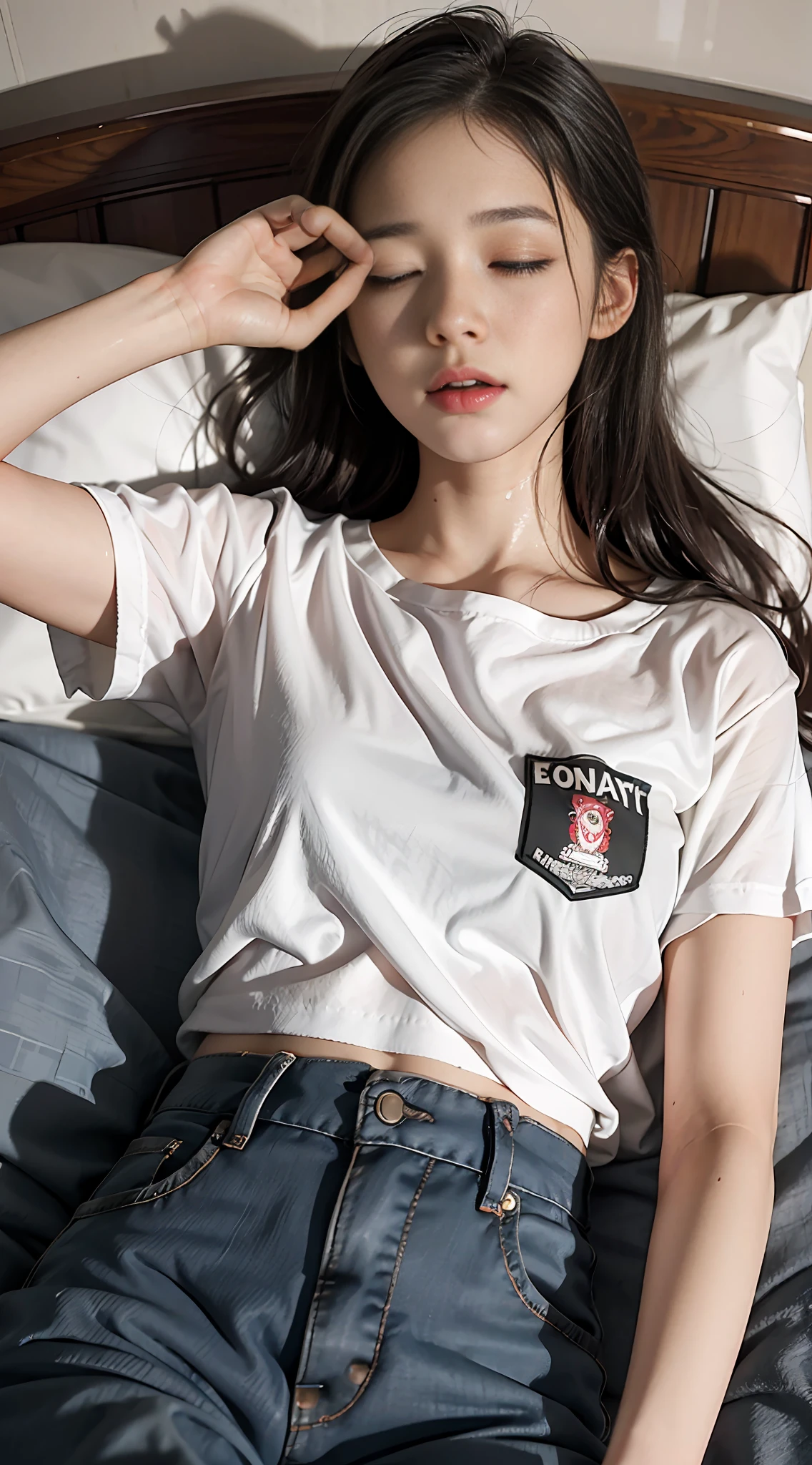 Junior high school student, drenched, eyes slightly closed, mouth slightly open panting, lying flat on the bed, real