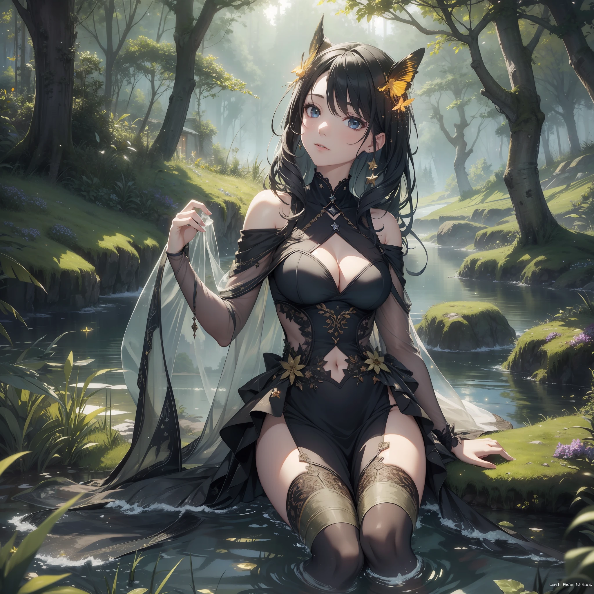 16K, ray tracing, HDR, best quality masterpiece, outdoor, 1woman, perfect anatomy, detailed face, detailed eyes, beautiful dress, lake side, night, fireflies, moss, ruins, dark fantasy, moon, stars, award winning