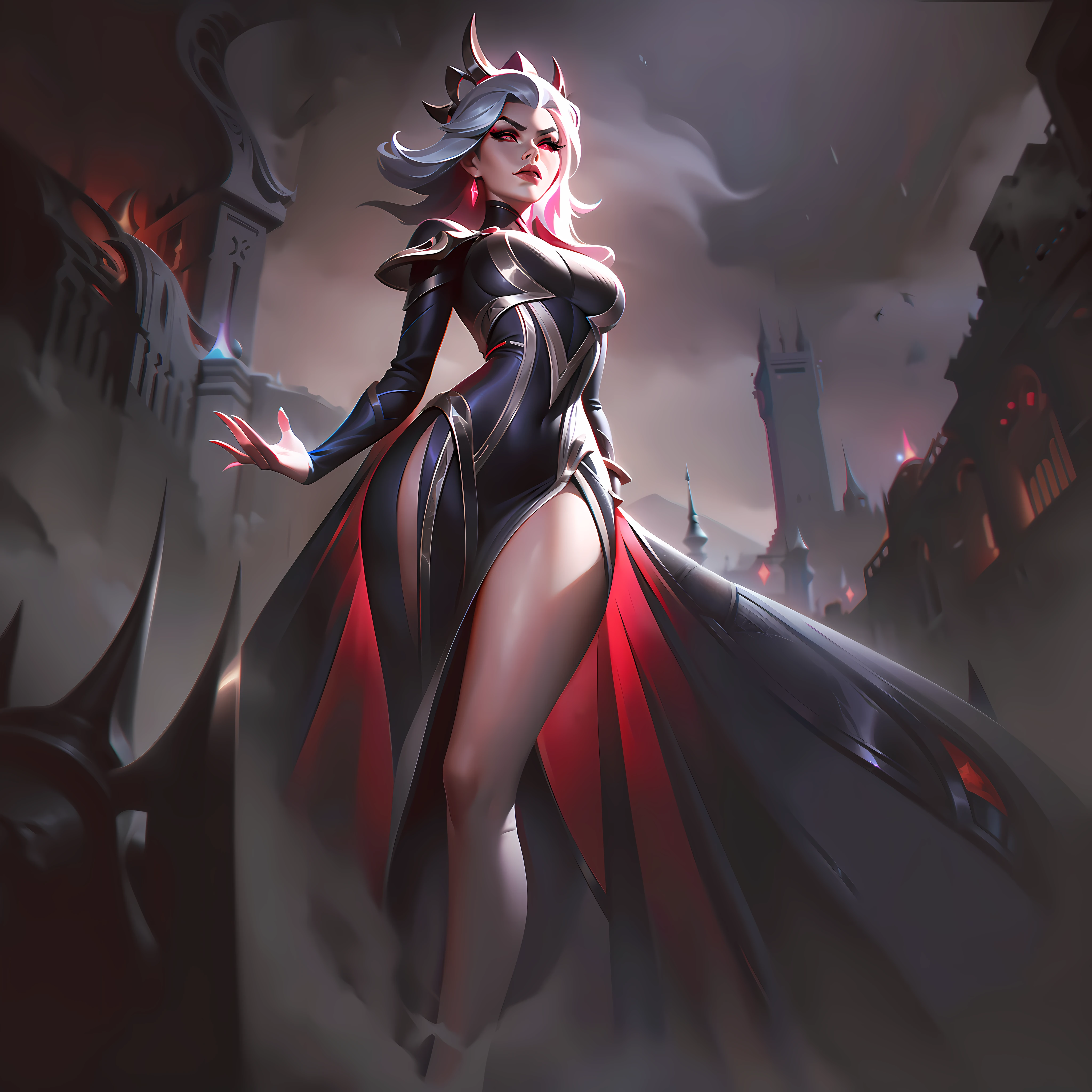 Lux from League of Legends, but with extremely black hair and straight and large, she's in a pose sitting gracefully as if on a throne of black and silver/tanned thorns of soot and gloomy with majestic reddish hues with emperatriz with an evil feature with an evil sorisso and badass with a gothic castle background and ambience of gloomy atmosphere with fluttering dust,  her outfit is a luxurious body-glued dress with transparent gray trim that shows off her extreme red outfit underneath which is a set of leather dress in glossy black and silver, splashart, body lines, vibrant colors, exquisite details, cinematic, artstation, detailed face, by rossdraws, by Kienan Lafferty