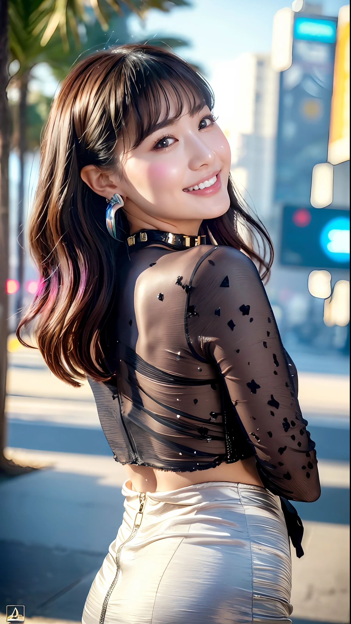 ((Best Quality)), ((Masterpiece)), (High Definition:1.3), 3D, Beautiful (Cyberpunk:1.3), Morning Black Beach, Palm Trees, Corporate Logo, HDR (High Dynamic Range), Ray Tracing, NVIDIA RTX, Super Resolution, Unreal 5, Subsurface Scattering, PBR Texturing, Post-Processing, Anisotropic Filtering, Depth of Field , Maximum clarity and sharpness, multi-layer textures, albedo maps and specular maps, surface shading, accurate simulation of light-material interactions, perfect proportions, octane rendering, two-tone lighting, low ISO, white balance, rule of thirds, wide aperture, 8K RAW, efficient subpixel, subpixel convolution, luminescent particles, smiling smile, Walking pose, yellow lip grease, ear piercings are glass and large heart shaped, glowing piercings, lips are thick, sweat is heavily, the floor is wet, tattoos, hair color is two-tone, tongue, brown skin, lens flare, foggy, bangs are cut horizontally, cropped bob cut hair, gentle, butterflies are flying, leaking, eating ice cream, ????????????????, taken ???????????, stick out your ????????, turn around,