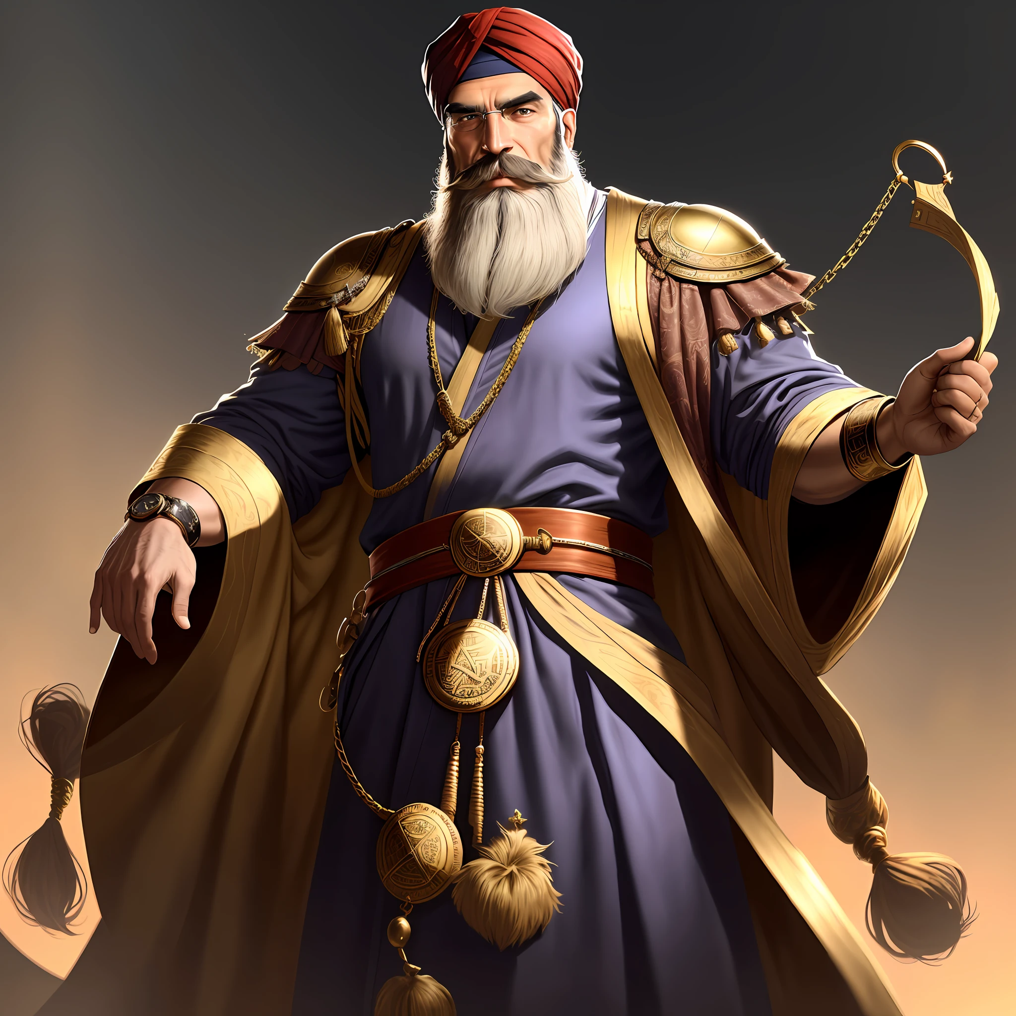 Ali is a tall and lean man with broad shoulders and a straight posture. He has a well-groomed mustache and thick beard, which add to his scholarly appearance. He wears a long and flowing silk robe decorated with intricate designs, and a turban wrapped around his head. His attire is often accessorized with a gold watch chain, rings, and a leather-bound notebook. Despite his scholarly appearance, Ali has a warm and friendly demeanor that makes him approachable and well-liked by many.