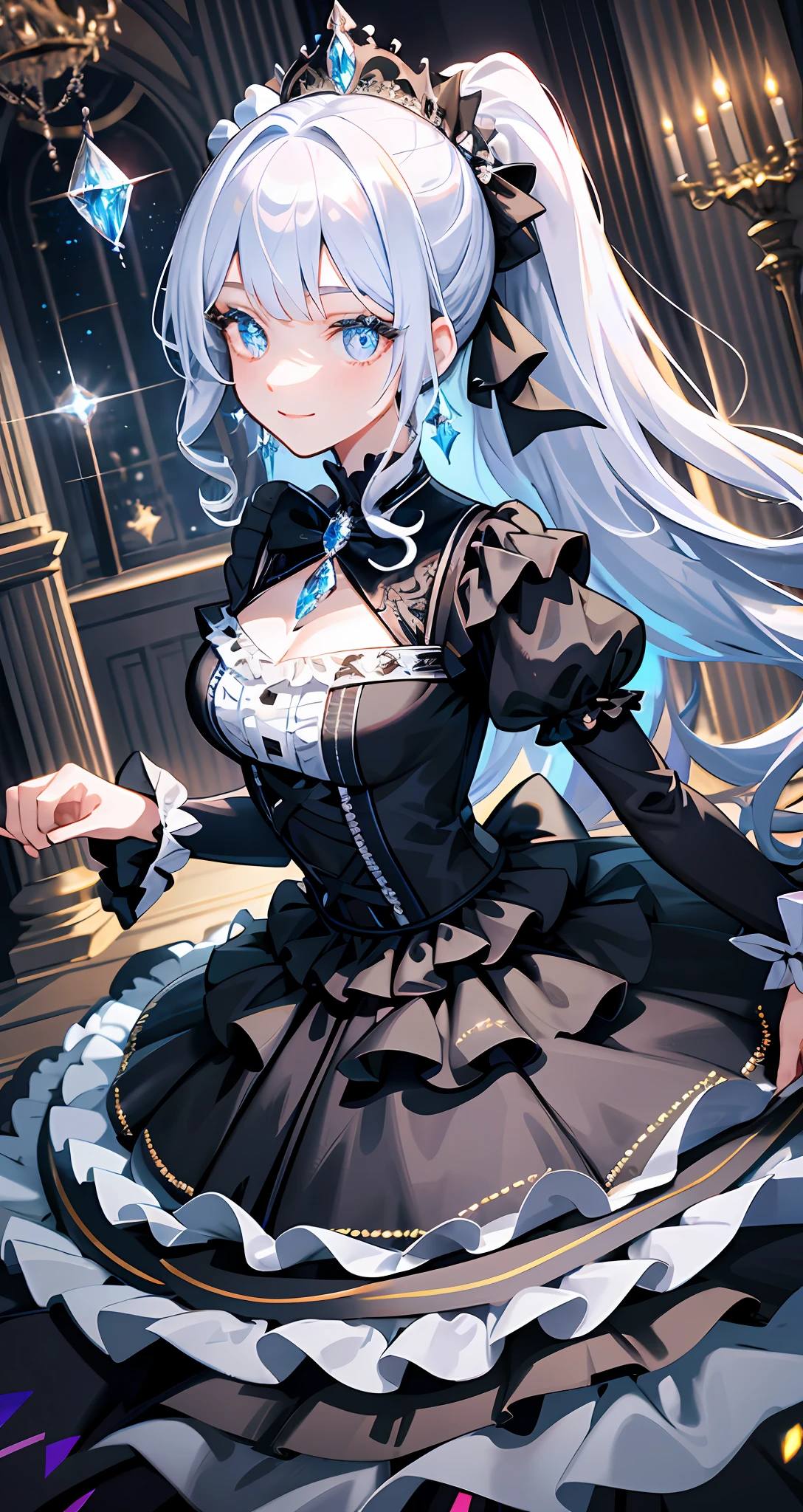 Dramatic composition, court-style dresses, royal, gorgeous, cascading frills, ruffles, bows, crystal chandeliers, Roman curly hairstyles, ponet, double ponytails like drills, look at the camera, bangs, maximalism, palatial background, delicate portrayal of hair and eyes, princess dresses, gorgeous skirts, flowers in hand, smiles, starry eyes, cinematic light, extreme detail, high definition, happy girl, very long hair, diamonds, broken diamonds, crystal fragments, light particles