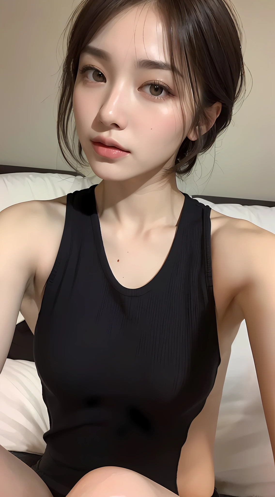((Top quality, 8k, Masterpiece: 1.3)), beauty, hidden face, 1 girl, beauty: 1.3, slender abs: 1.1, camisole vest, short brunette hair, (sitting on bed), super detailed face, highly detailed lips, detailed eyes, double eyelids