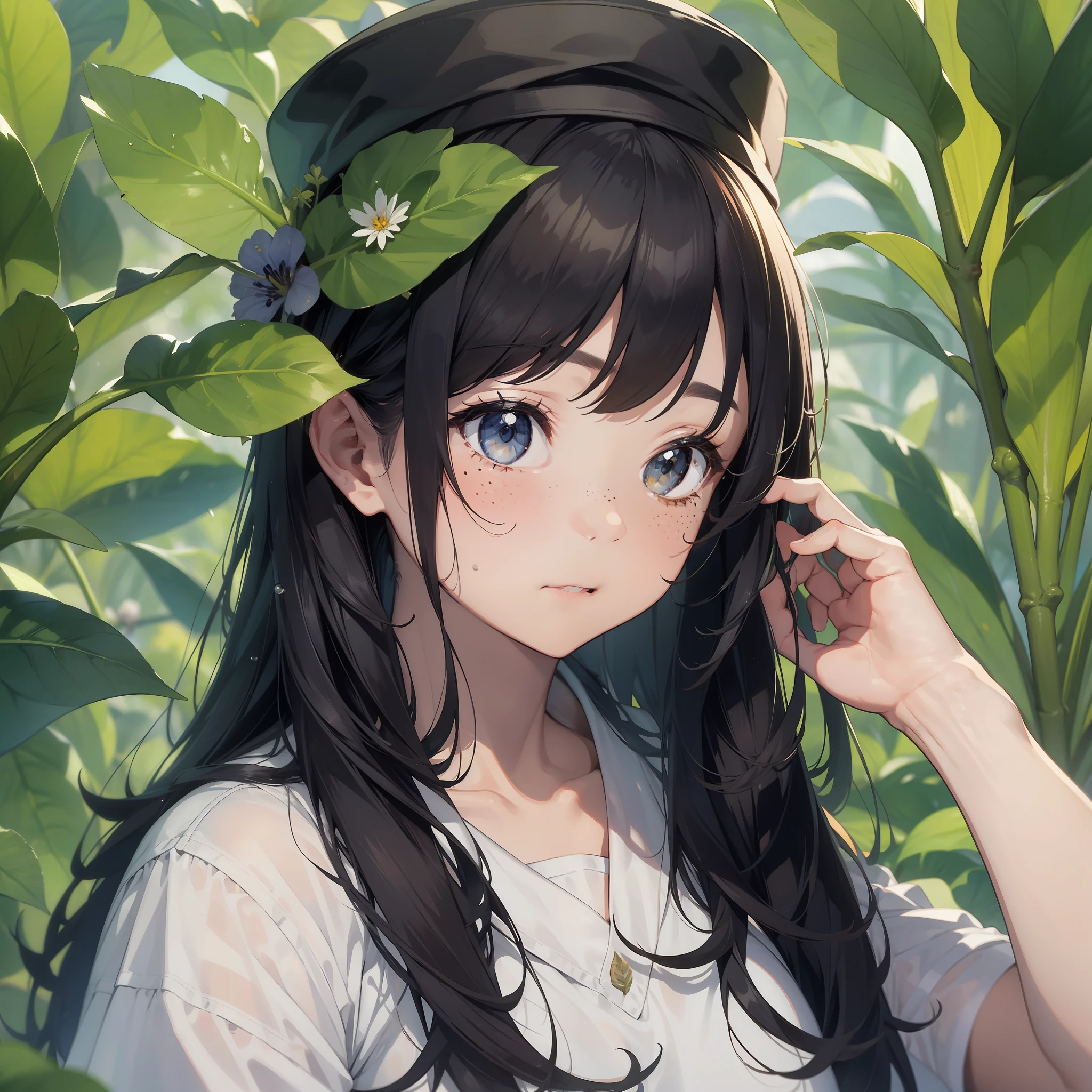 Slight retro color, flat, grainy, riso print style, illustration, cute, white space, low saturation, 1girl, antennae, bamboo, bangs, black hair, branch, cactus, cloud, dandelion, expressionless, flower, flower pot, ivy, leaf, lily \(flower\), limited palette, long hair, looking at viewer, makeup, mixed media, mole, moon, morning glory, palm leaf, palm tree, plant, portrait, potted plant, seaweed, solo, spring onion, sweat, tan background, tanabata, tanzaku, tears, traditional media, tree, tulip, vegetable, vines, water drop, 1girl, solo, long hair, looking at viewer, bangs, black hair, hat, parted lips, black eyes, leaf, plant, portrait, freckles, limited palette