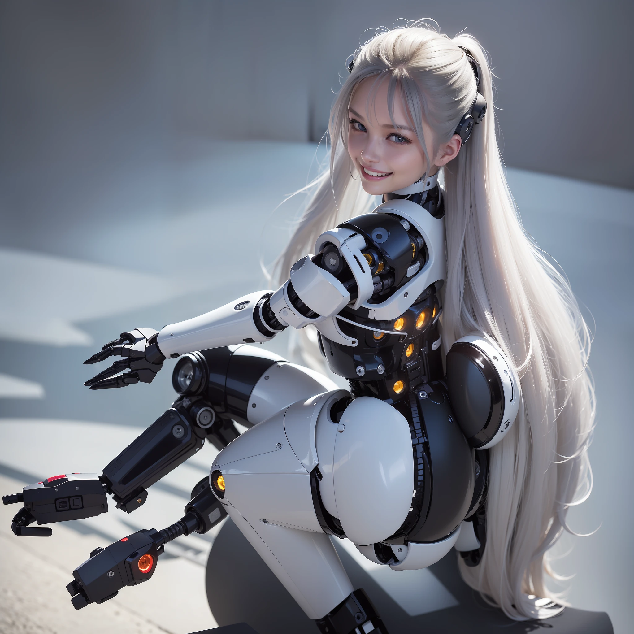 Beautiful Face,, From Back, 1 Woman, Curvaceous, Top Quality, Masterpiece, Ultra Detailed, ((((Bikini Cyborg Robot Parts)))), (Light Grey Hair), Long Hair, Wavy Hair, Twin Tails, Medium Shot, (((Seductive Smile)), (Black Eyes), Princess Cut, (Cowboy Shot),Squatting,Spread Your Legs,