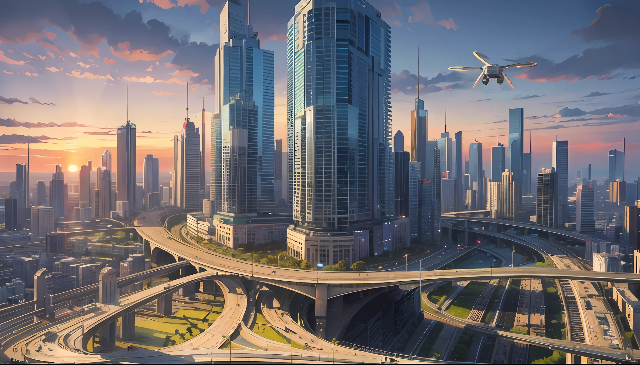 future city, sunrise, a lot trees, birds, futuristic buildings , future metro, future drone, realistic image, ultra realistic, hyper realistic, 16k --auto --s2