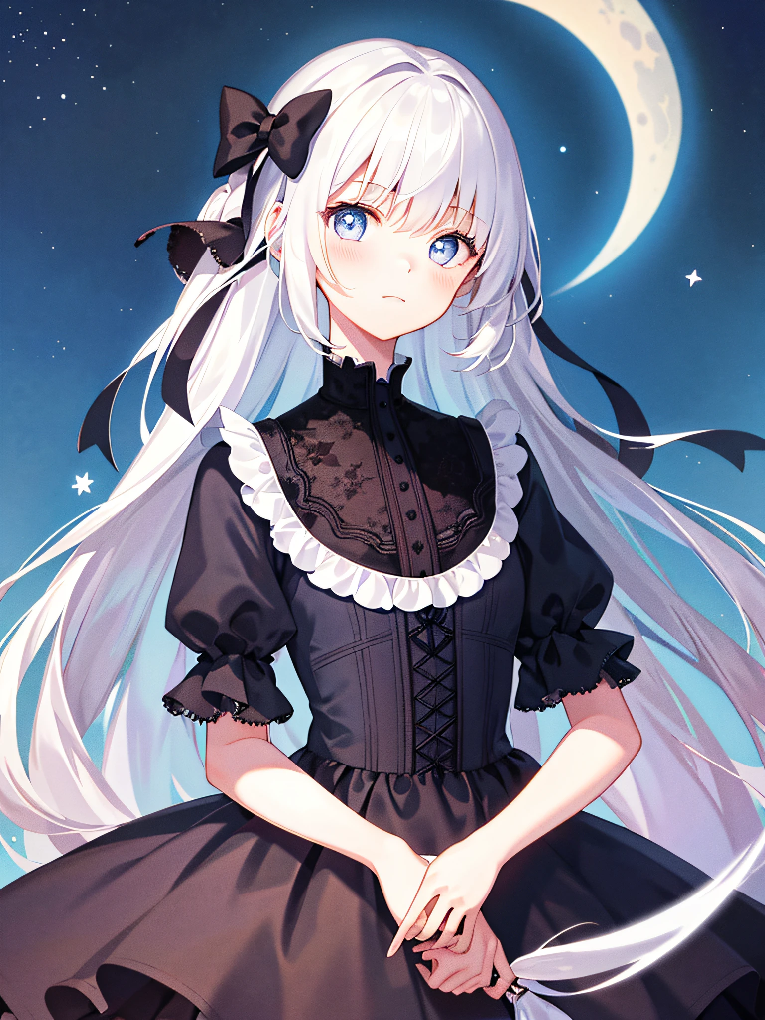 masterpiece, best quality, illustration, 1girl, upper body, Gothic dress, cute face, lonely, night sky with stars and moon