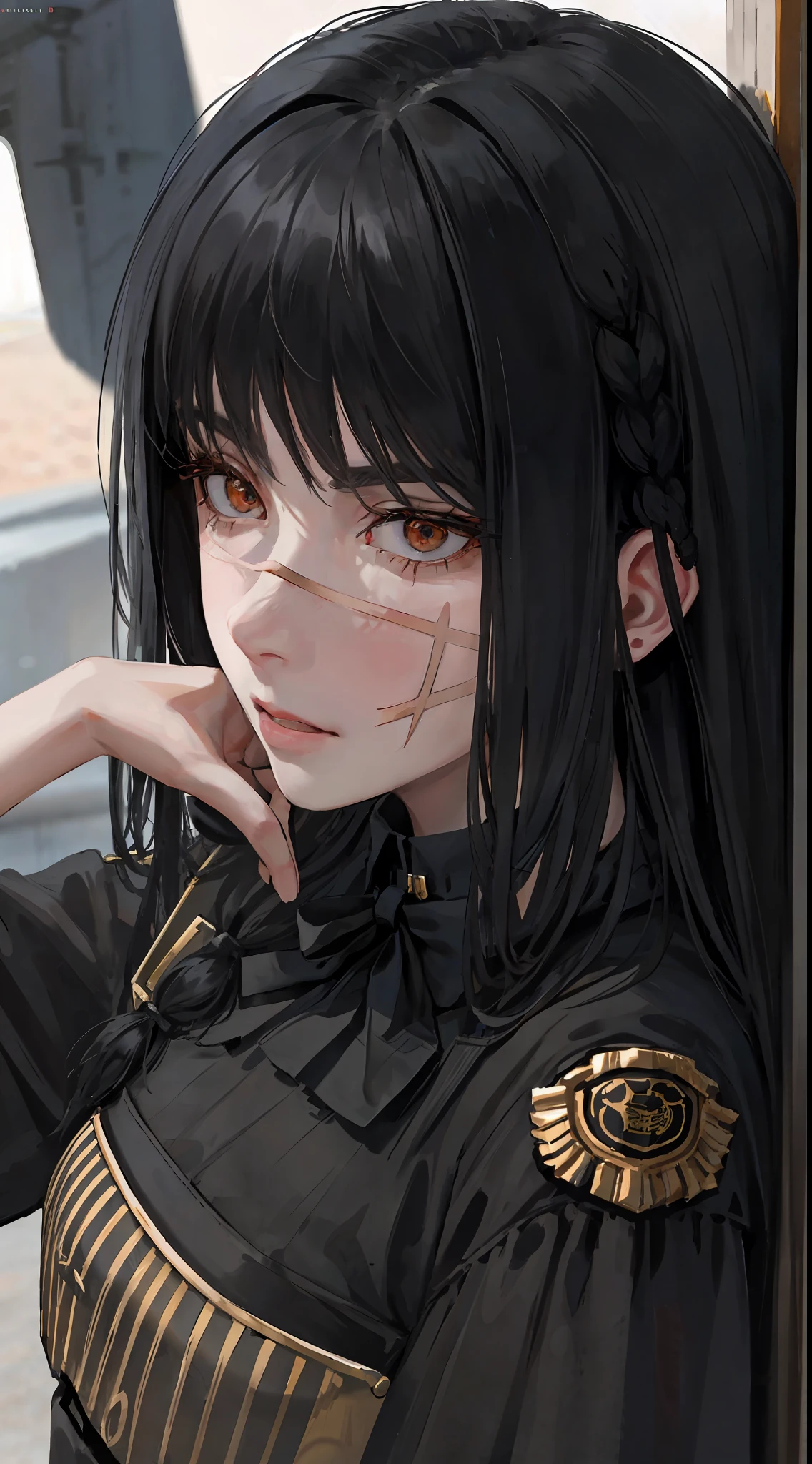 Yoru, Modest clothing, remote photo, beautiful detailed delicate face, detailed beautiful delicate eyes, perfect facial proportions, high definition skin, thin skin, best four inch aspect ratio. With a thumb, a masterpiece, highly detailed, realistic, (general reference of the German uniform of World War II: 1.8), the highest resolution of face, adult, modestly dressed woman, fully dressed, (small, black hair, black straight bangs, super thin braids, straight bangs), future, science fiction, fighter plane, standing On the landing of a fighter plane, The government agency, a deep intelligent personality, a calm expression, a respectful face, a war, a fighter plane