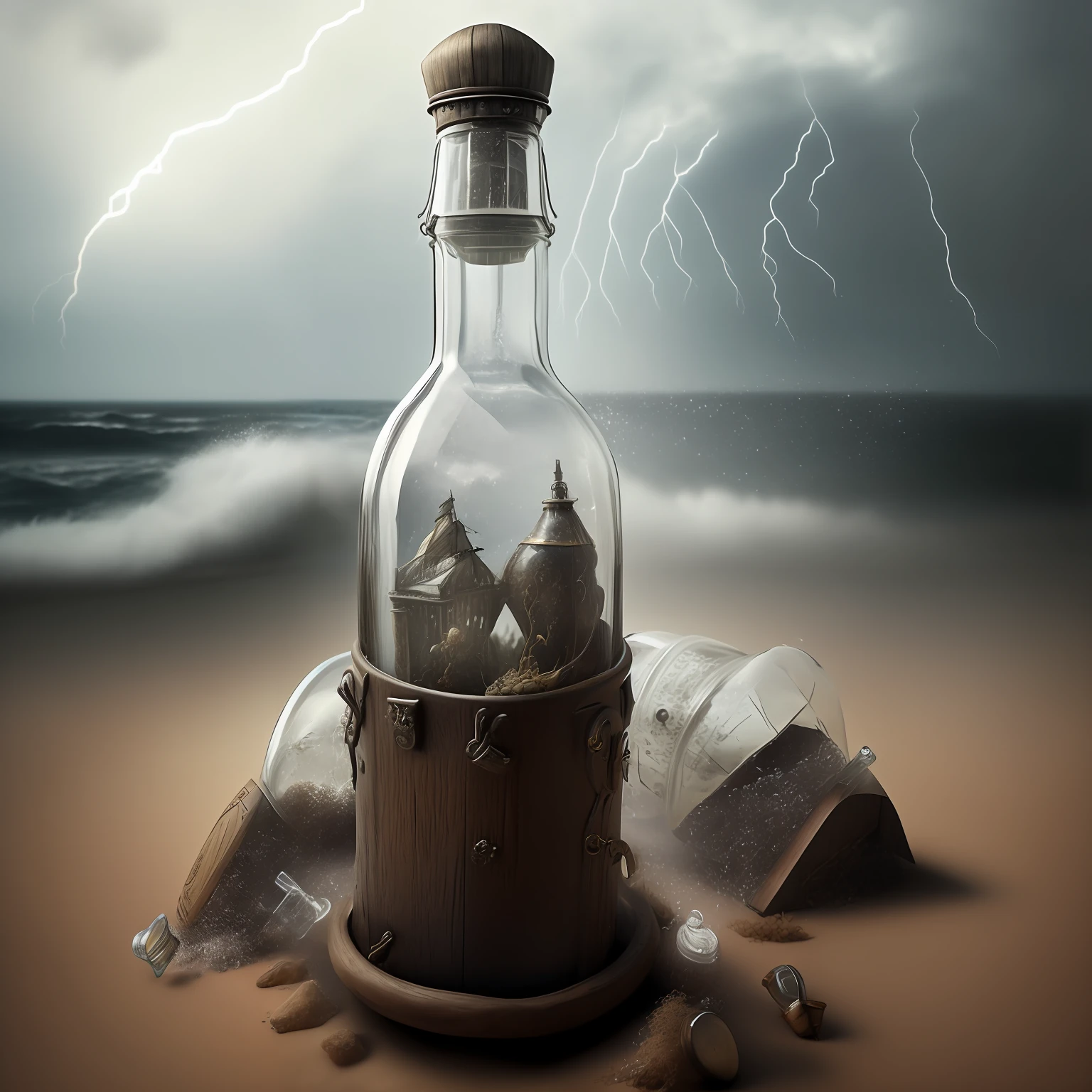 photo of an old bottle in the horizontal position and inside the bottle has an old caravel in a storm with lightning and an ocean, and this bottle is in an anthill, do not forget storm is inside the bottle, background is a backyard with a lawn, 4k, HDR, photorealistic, ray tracing. --auto --s2