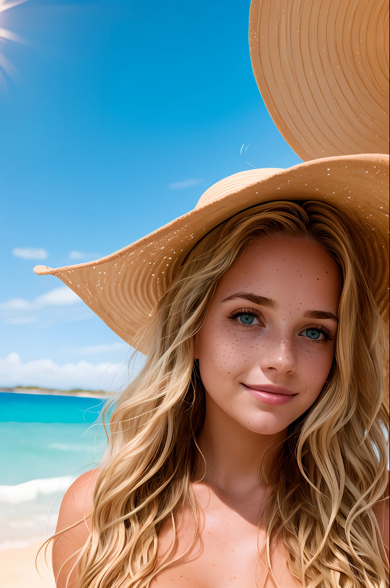 a portrait of a beautiful woman, topless, , (light freckles, beauty spots:1.2), she has long (dirty blonde:1.2) wavy hair, she is wearing a beige sunhat background of the ocean, sunset, sun-kissed, sunflare,