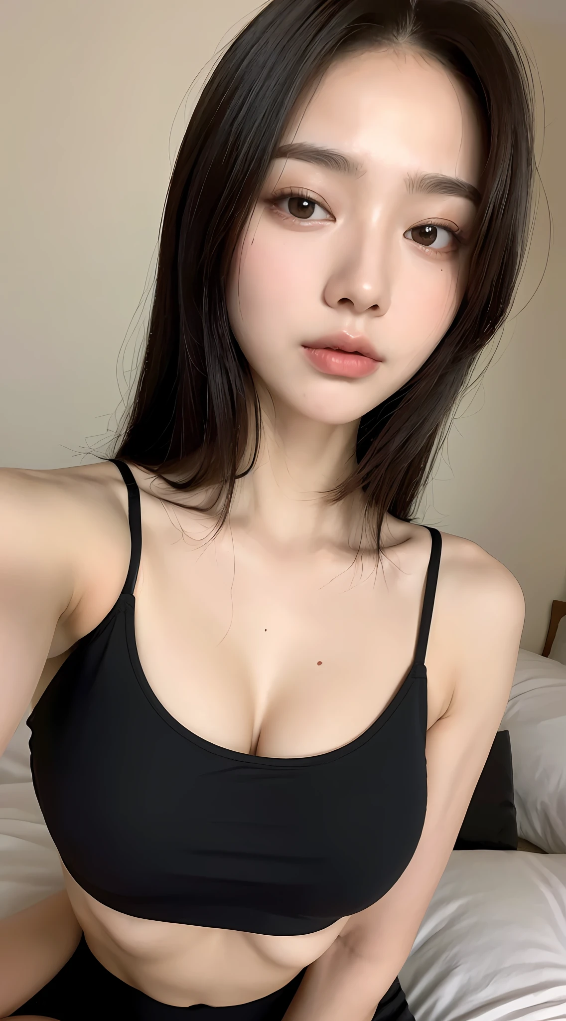 ((Top Quality, 8k, Masterpiece: 1.3)), Beauty, Hide Face, 1 Girl, Beautiful: 1.3, Slender Abs: 1.1, Camisole, Cleavage, Black Hair short , (While Sitting on the Bed), Ultra Detailed Face, Highly Detailed Lips, Detailed Eyes, Double Eyelids