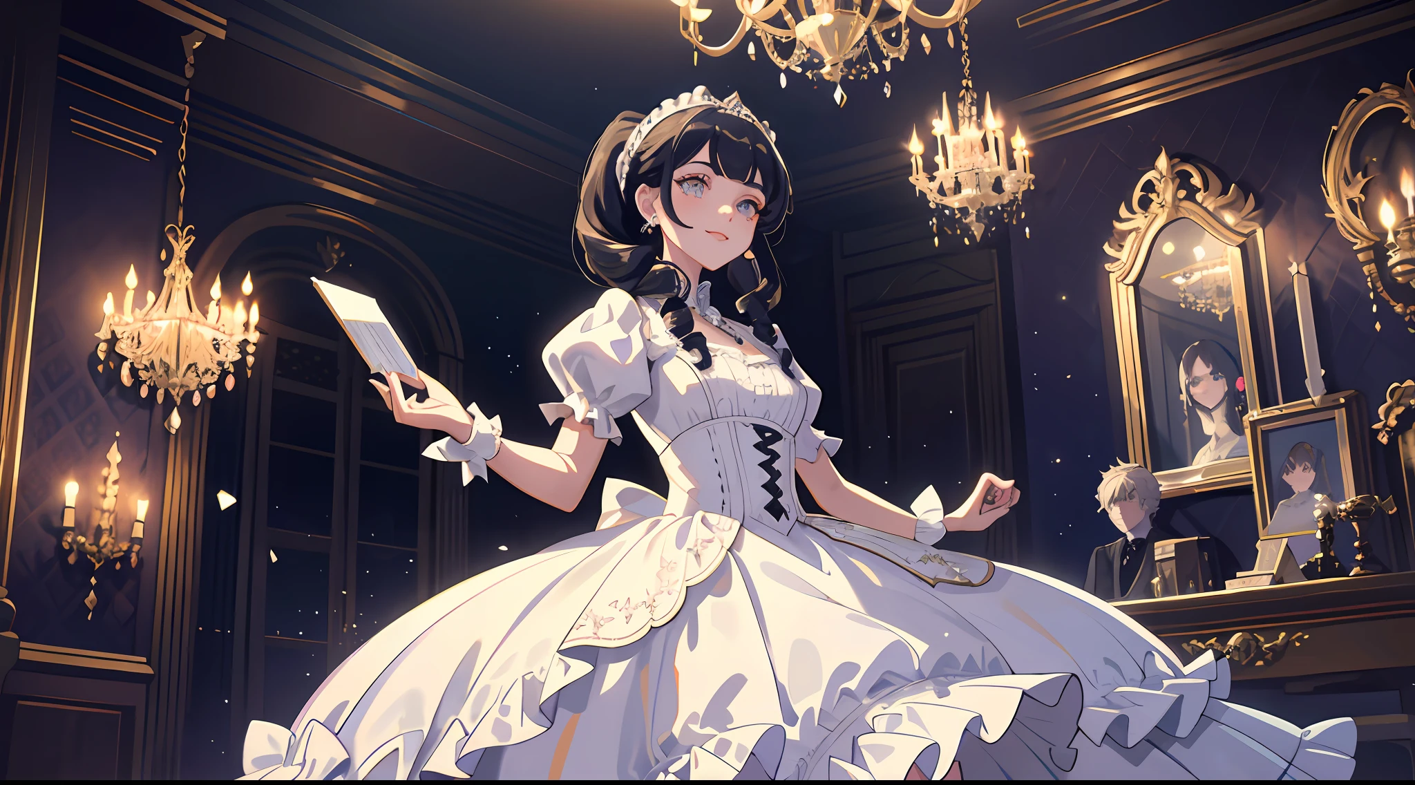 Dramatic composition, court-style dresses, royal, gorgeous, cascading frills, ruffles, bows, crystal chandeliers, Roman curly hairstyles, ponet, double ponytails like drills, look at the camera, bangs, maximalism, palatial background, delicate portrayal of hair and eyes, princess dresses, gorgeous skirts, flowers in hand, smiles, starry eyes, cinematic light, extreme detail, high definition, happy girl, very long hair, diamonds, broken diamonds, crystal fragments, light particles