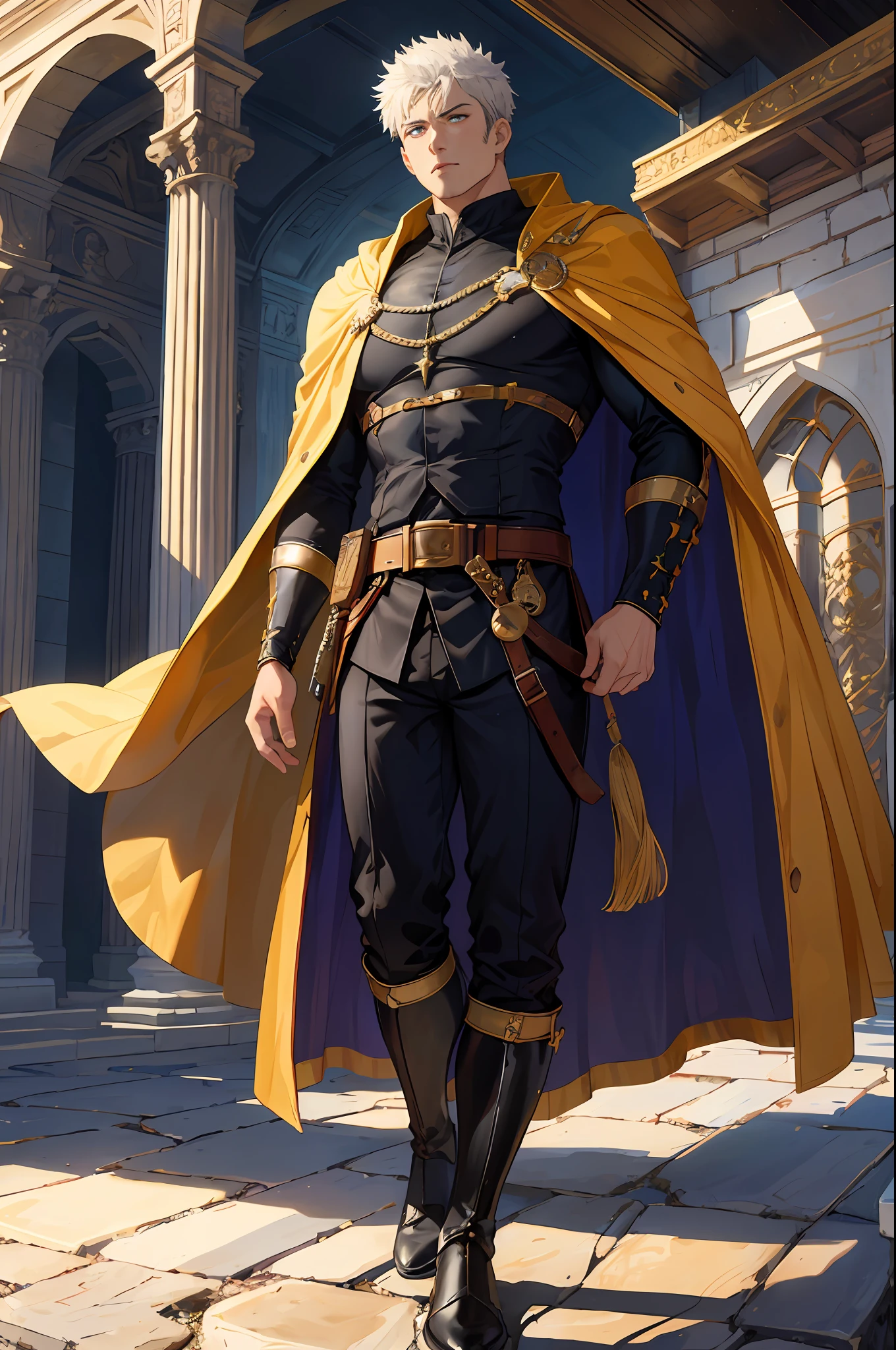 masterpiece, best quality, beautiful lighting, 30 year old man, medieval fantasy, white skin, discolored hair, yellow, tall stature, strong physique, shirtless, definipho abdomen, black cape, black pants, black boot, belt, anime, 4k, muscular, serious expression, serious look, scenery entering the royal palace