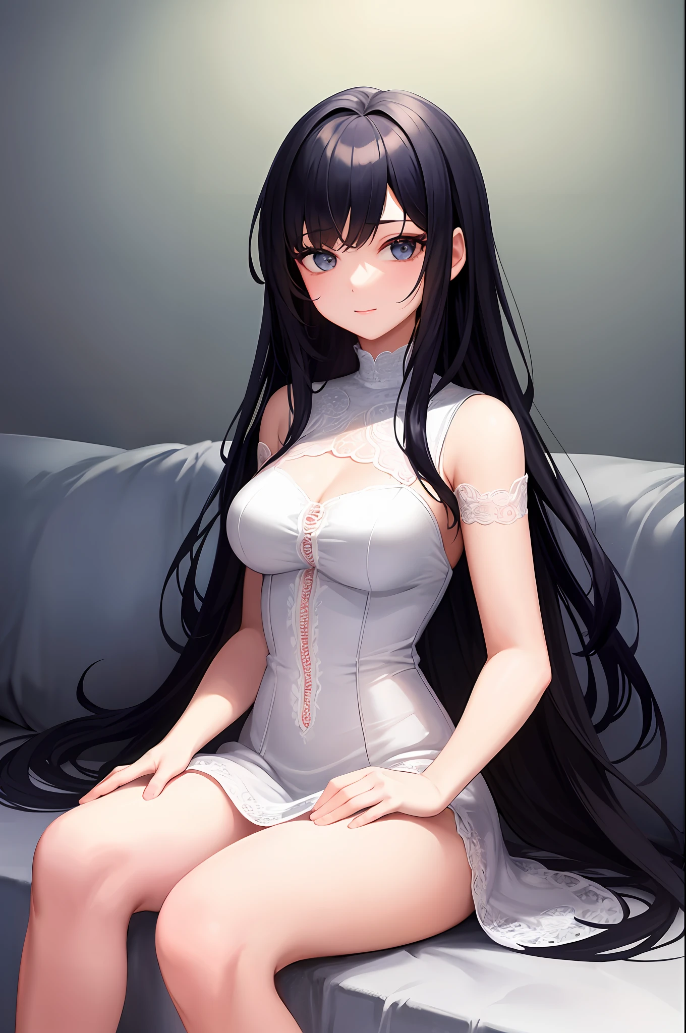 (masterpiece, top quality: 1.2), cute 18 year old woman with medium breasts, sexy white lace, oversized dress: 1.5, sofa, super detailed face, detailed eyes, double eyelids, sci-fw, long dress, coissmile