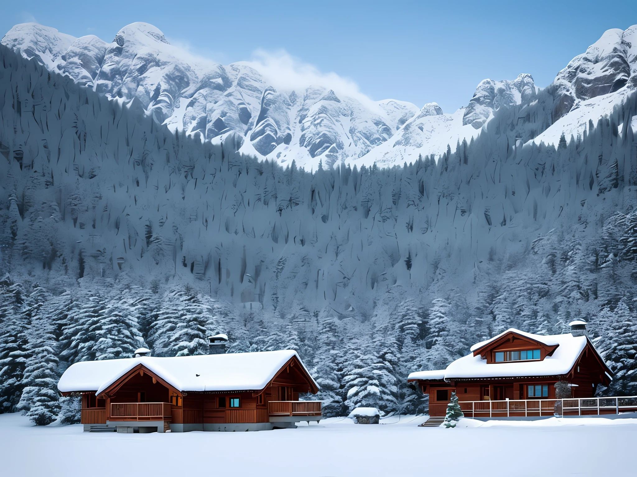 In a snow-covered mountain village, a small house is nestled between distant and near mountains. The white snowflakes are playing and falling gently among the miscellaneous trees, adding a touch of softness and haze to the whole picture. The cyan house and the red windows stand out against the white background, and they convey a little warmth to the world. The mountains in the distance blend into the blue sky, forming a harmonious and beautiful picture, which makes people feel the magic and charm of nature.