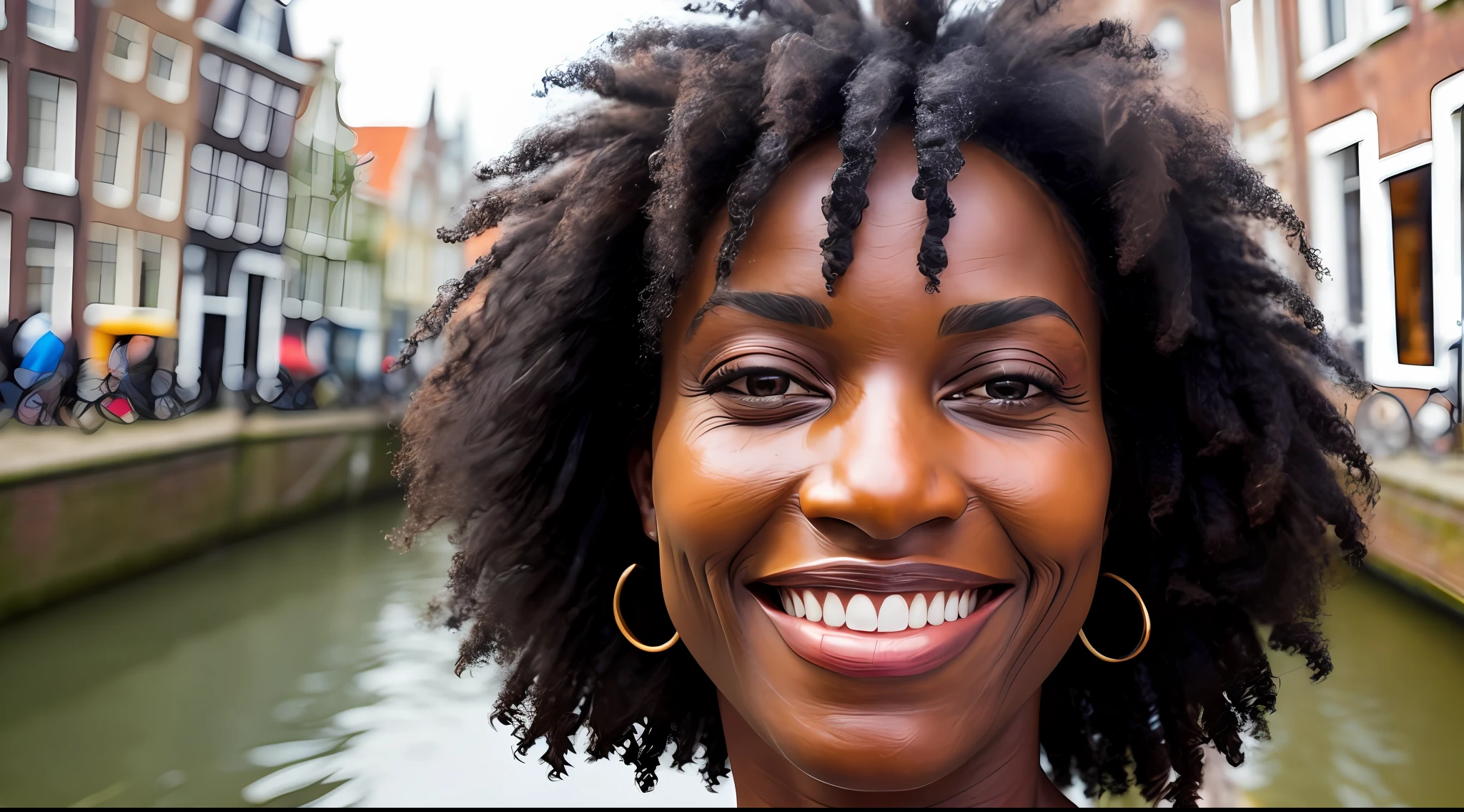 raw close-up of an incredibly beautiful woman, by the canals of Holland, shops selling gouda cheese, RAW, 8K, UHD, natural lighting, perfect day, amateur, sincere, extreme close-up, black skin, black color